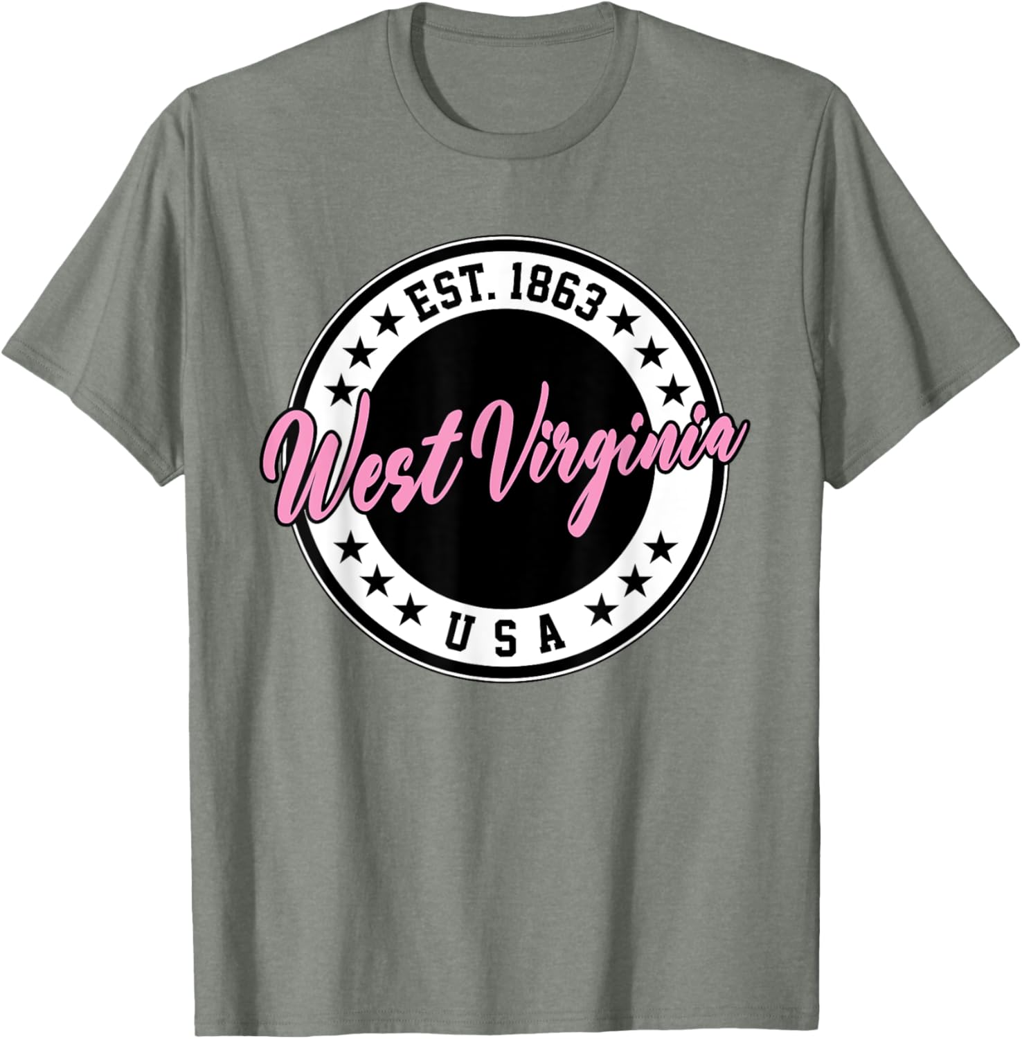 West Virginia Pink Text Script Circle T-Shirt for Women and Men - 1