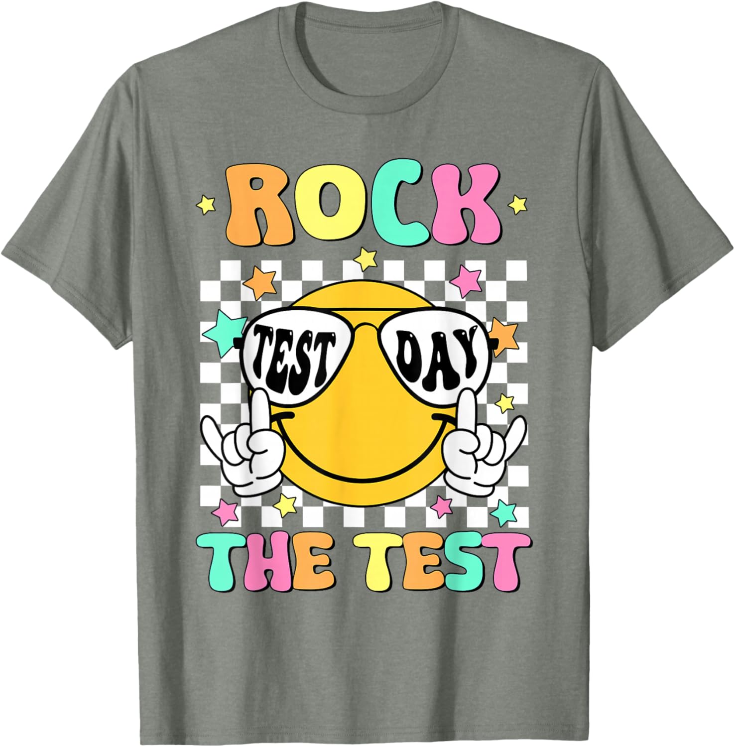 Rock the Test Teacher T-Shirt with Smile Face for Test Day Fun - 26