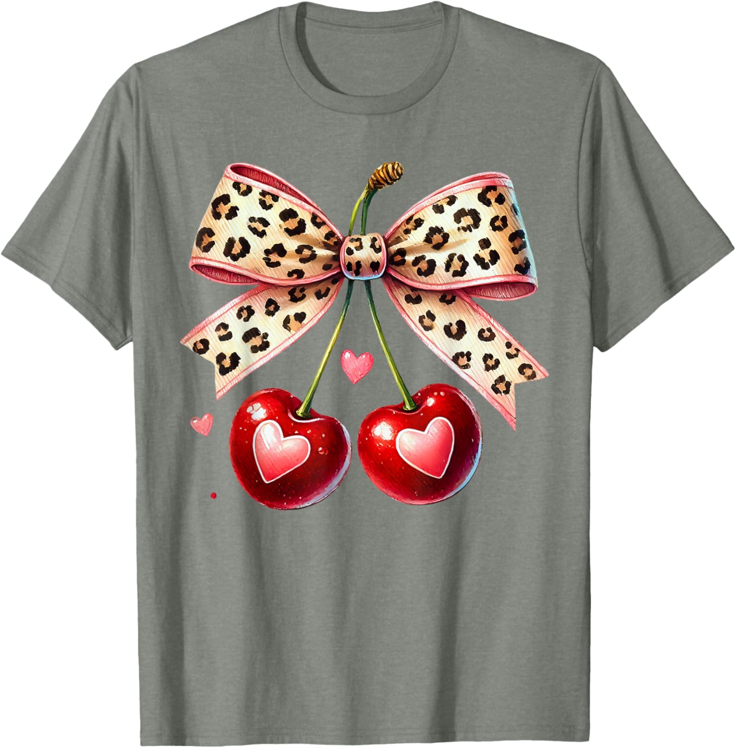 Coquette Cherry Heart Leopard Ribbon Bow T-Shirt for Valentine's Day - 5