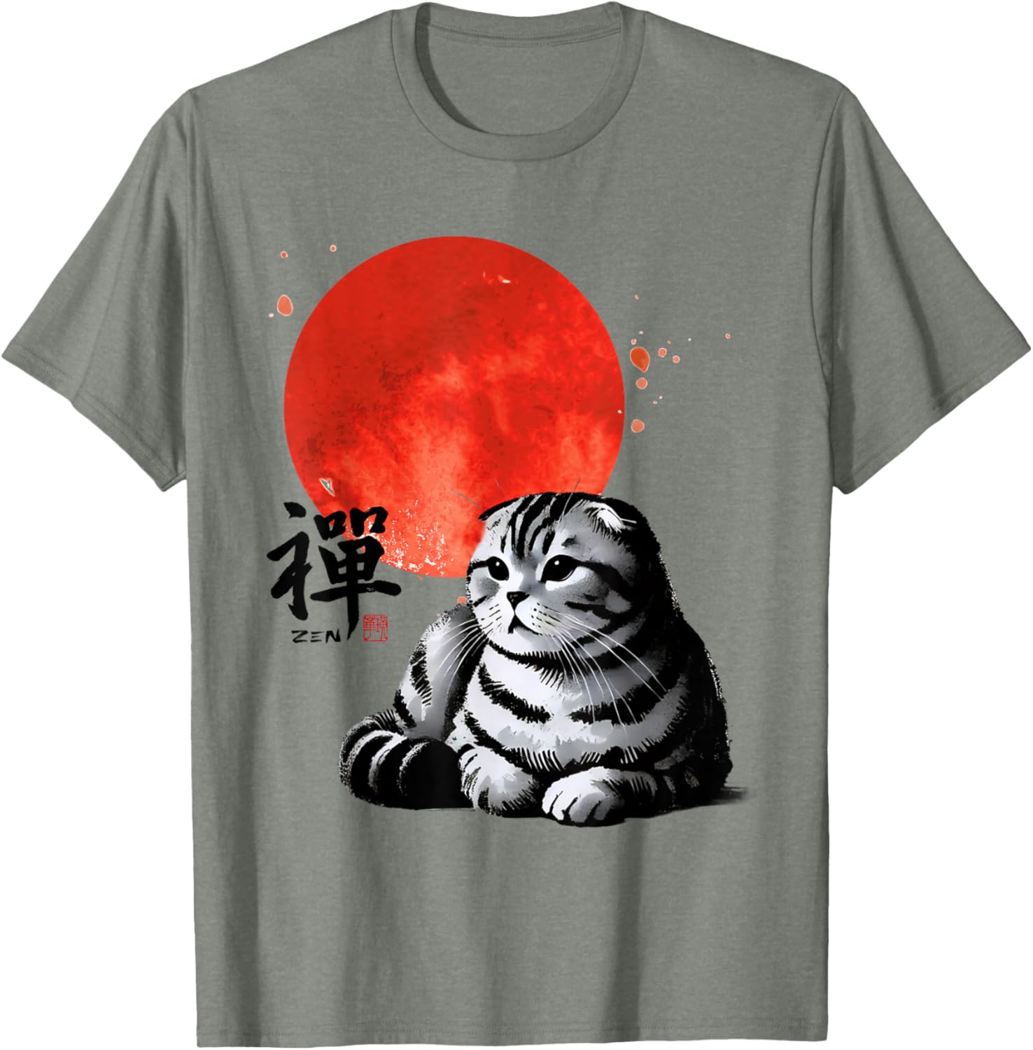 Scottish Fold Cat Sumi-e Art T-Shirt with Japanese Red Sun Design - 1