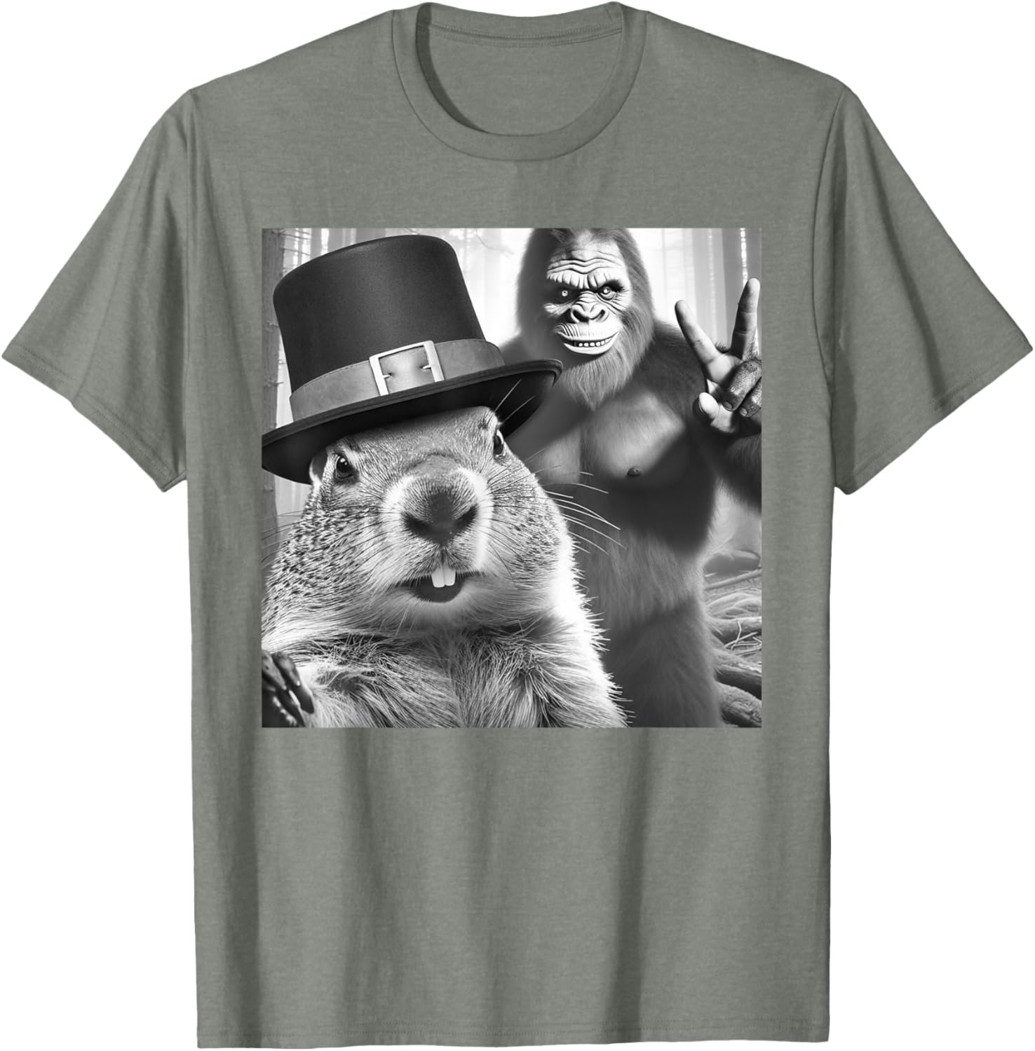 Funny Groundhog Day T-Shirt with Groundhog Taking Selfie with Bigfoot - 4