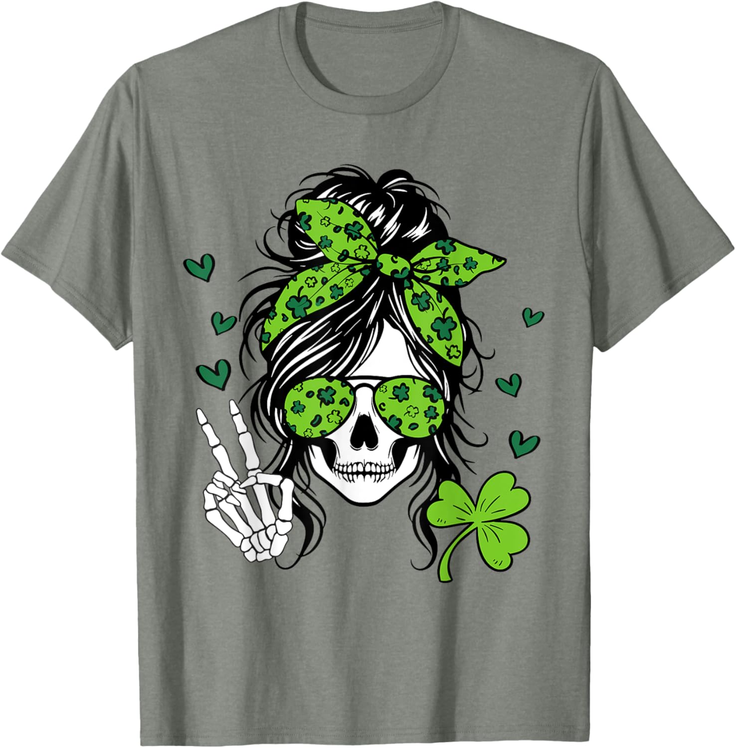 Lucky Irish Skull Girl T-Shirt for St. Patrick's Day with Messy Bun Design - 2