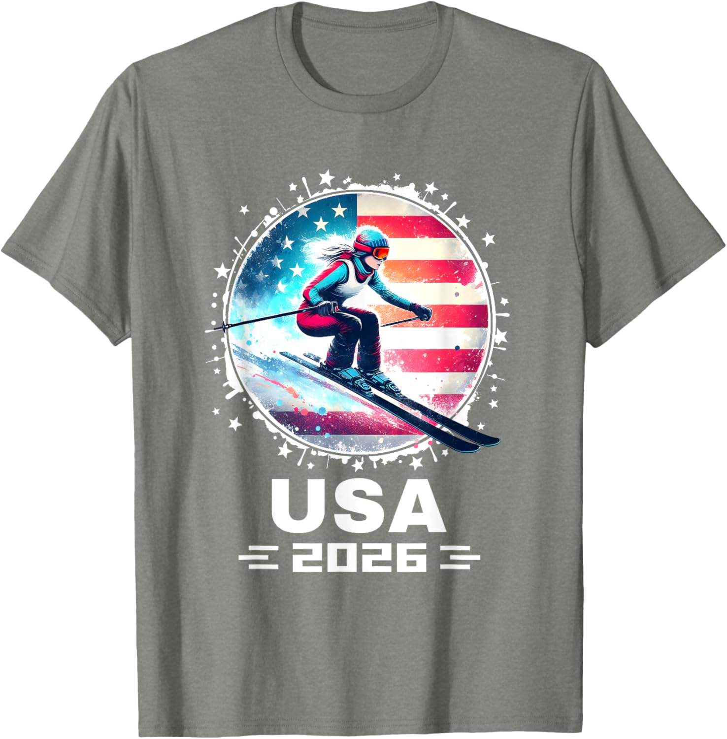 Skier USA Team 2026 Women's American Flag Skiing T-Shirt - 14