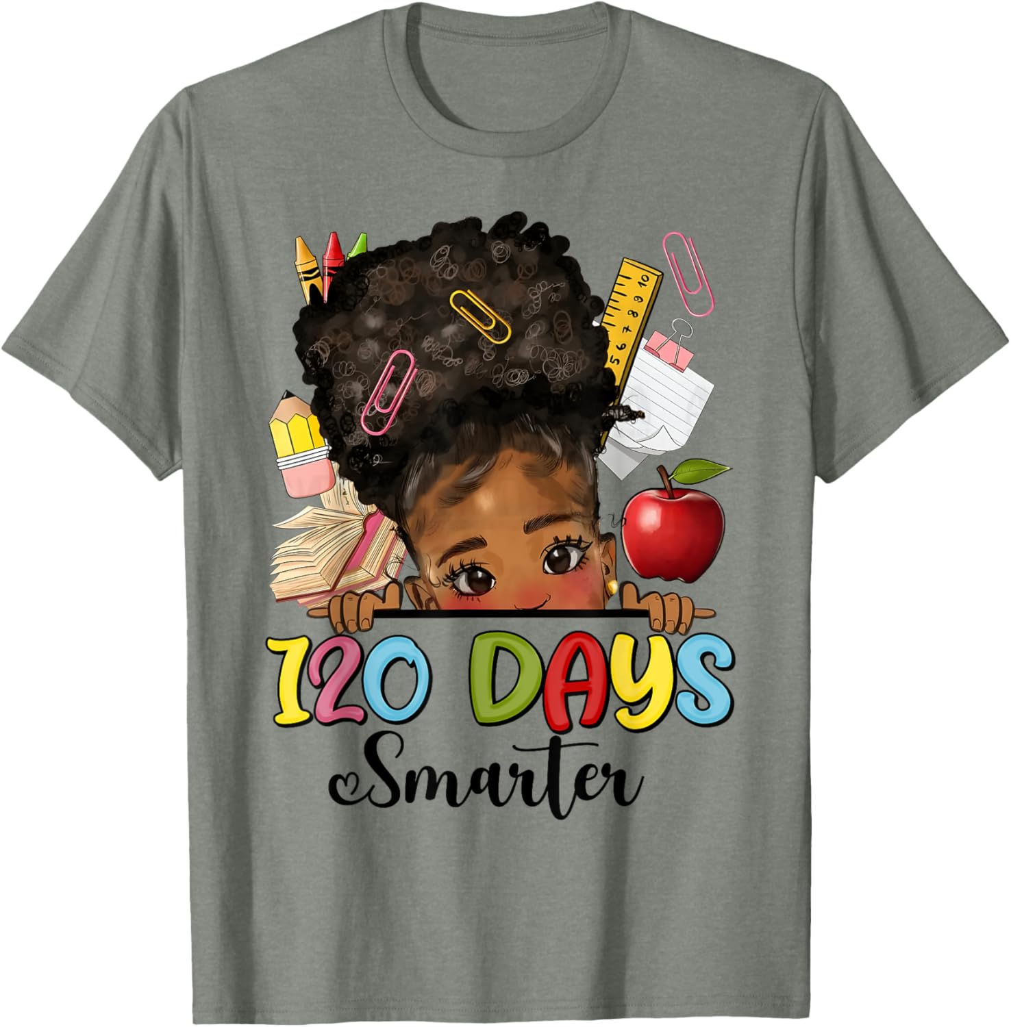 Messy Bun 120 Days Smarter Afro Girl T-Shirt for School Fun - 10