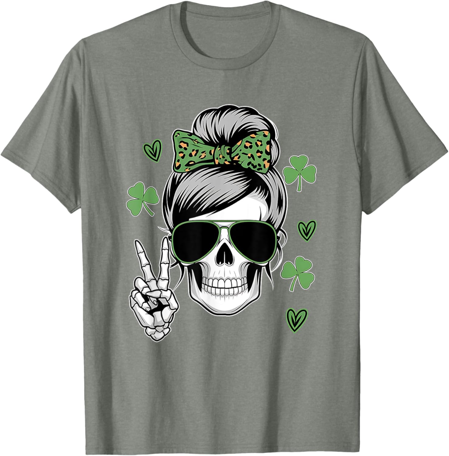 St Patricks Day Skull Messy Bun T-Shirt for Women - Fun and Stylish Wear - 15