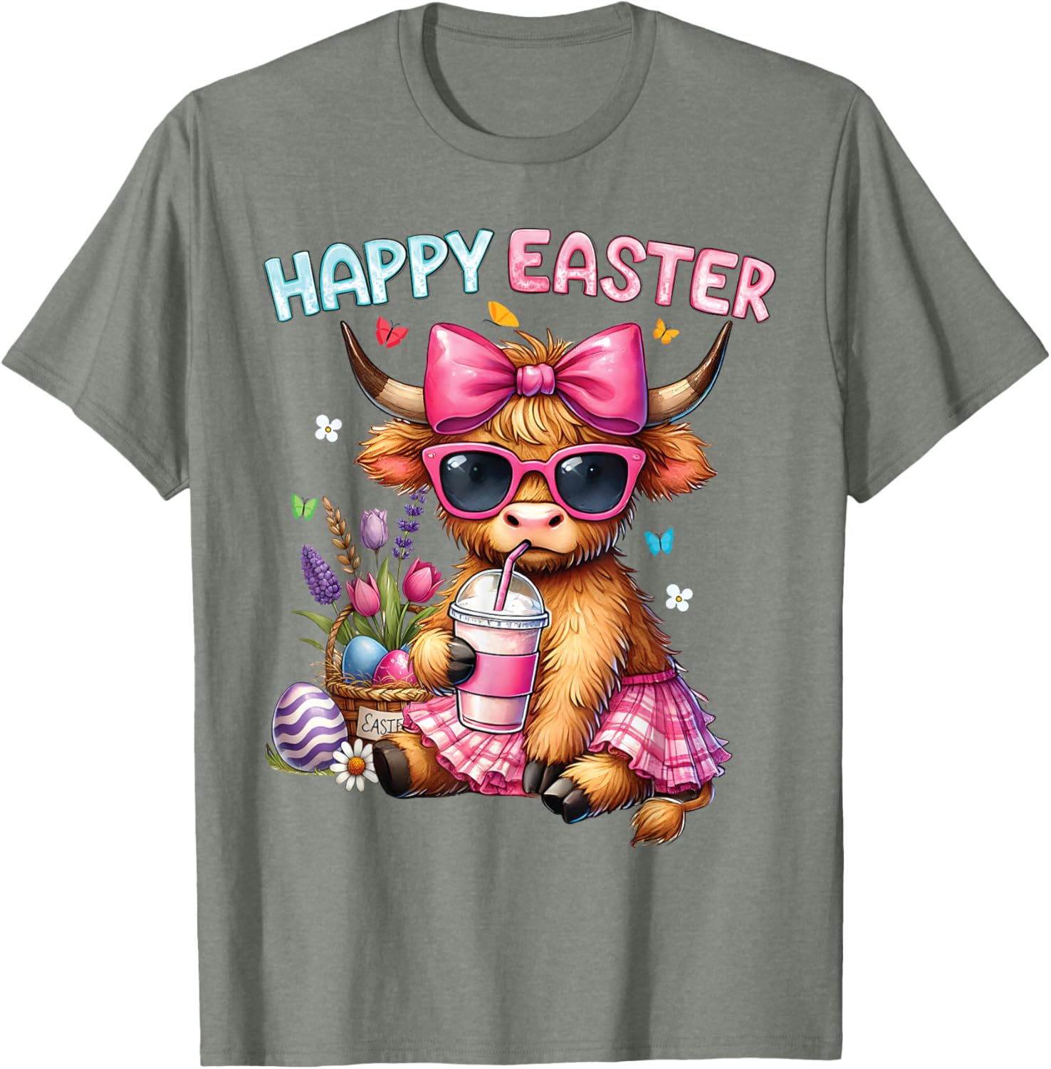Happy Easter Highland Cow Bunny T-Shirt for Women and Kids - 24