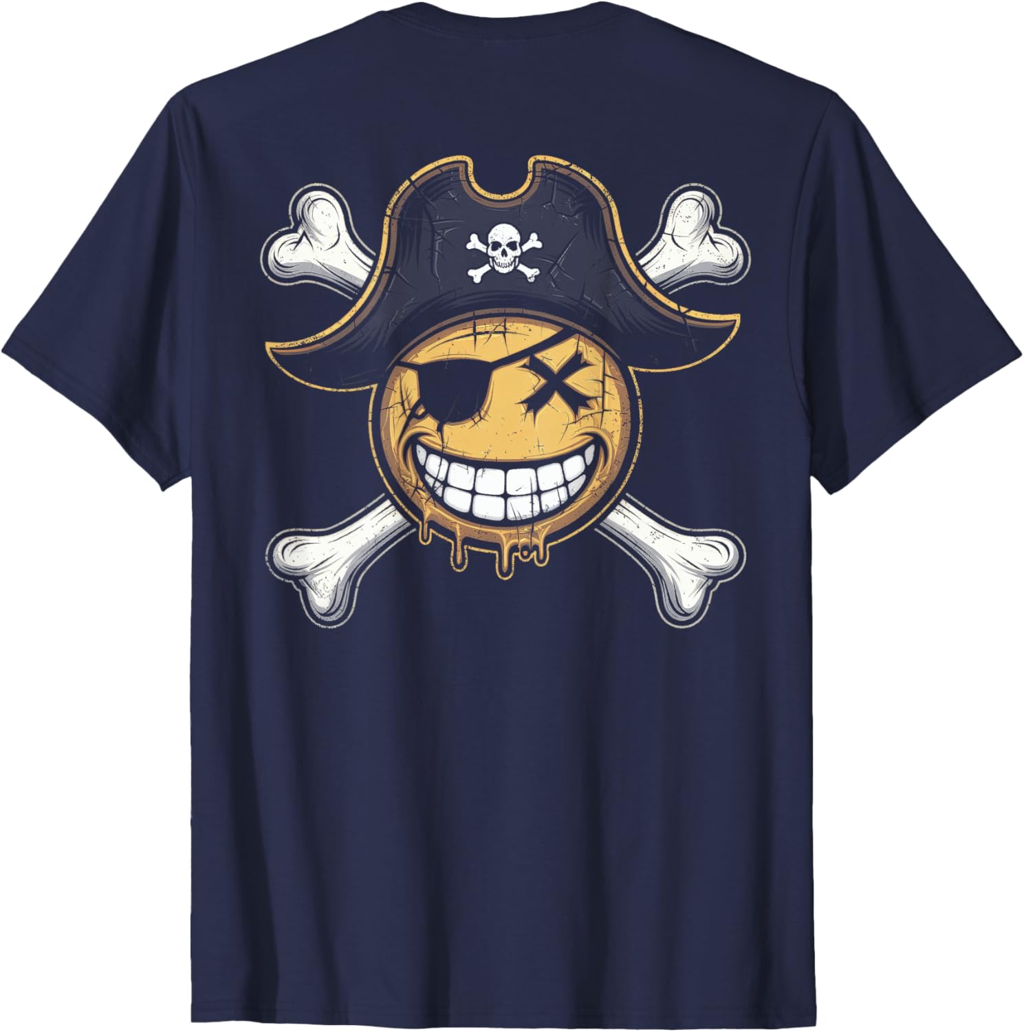 Pirate Captain Smiling Face T-Shirt with Fun X Eyes Backprint Style - 11