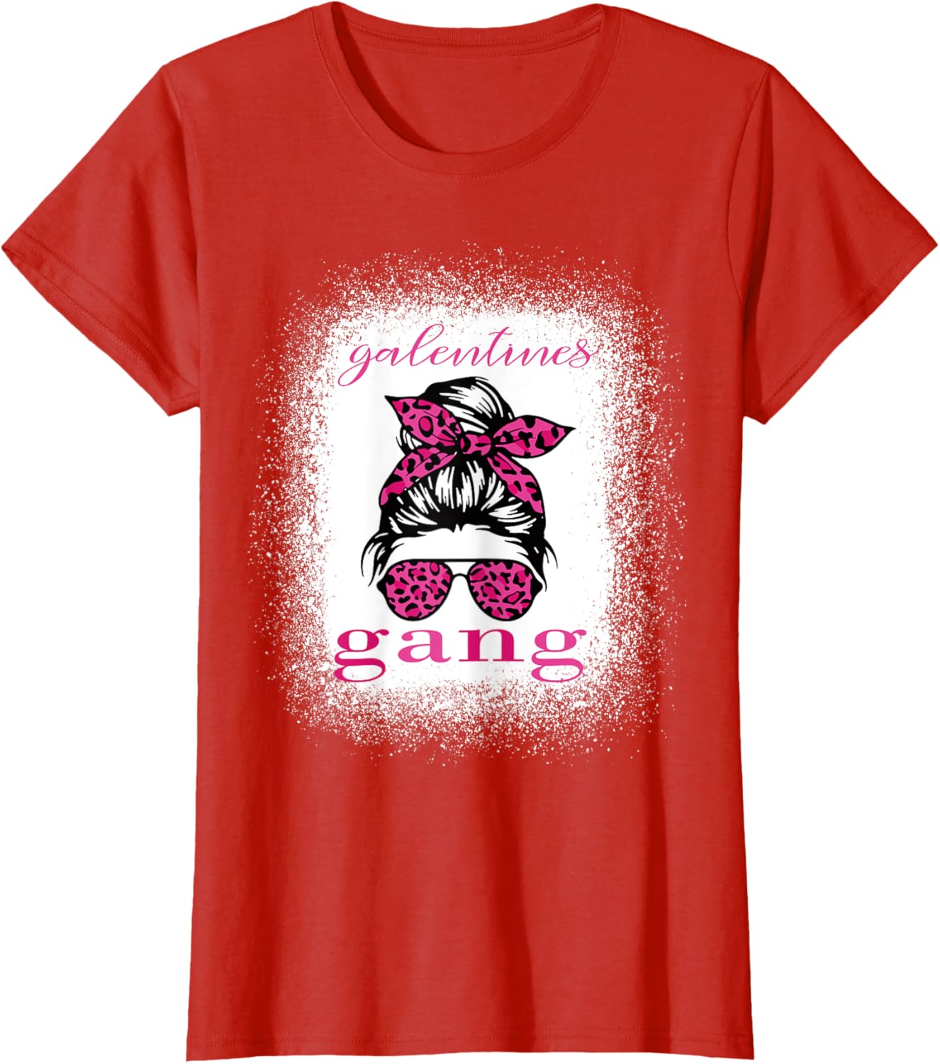 Galentine Gang Matching T-Shirt with Messy Bun Leopard Bleached Design - 25