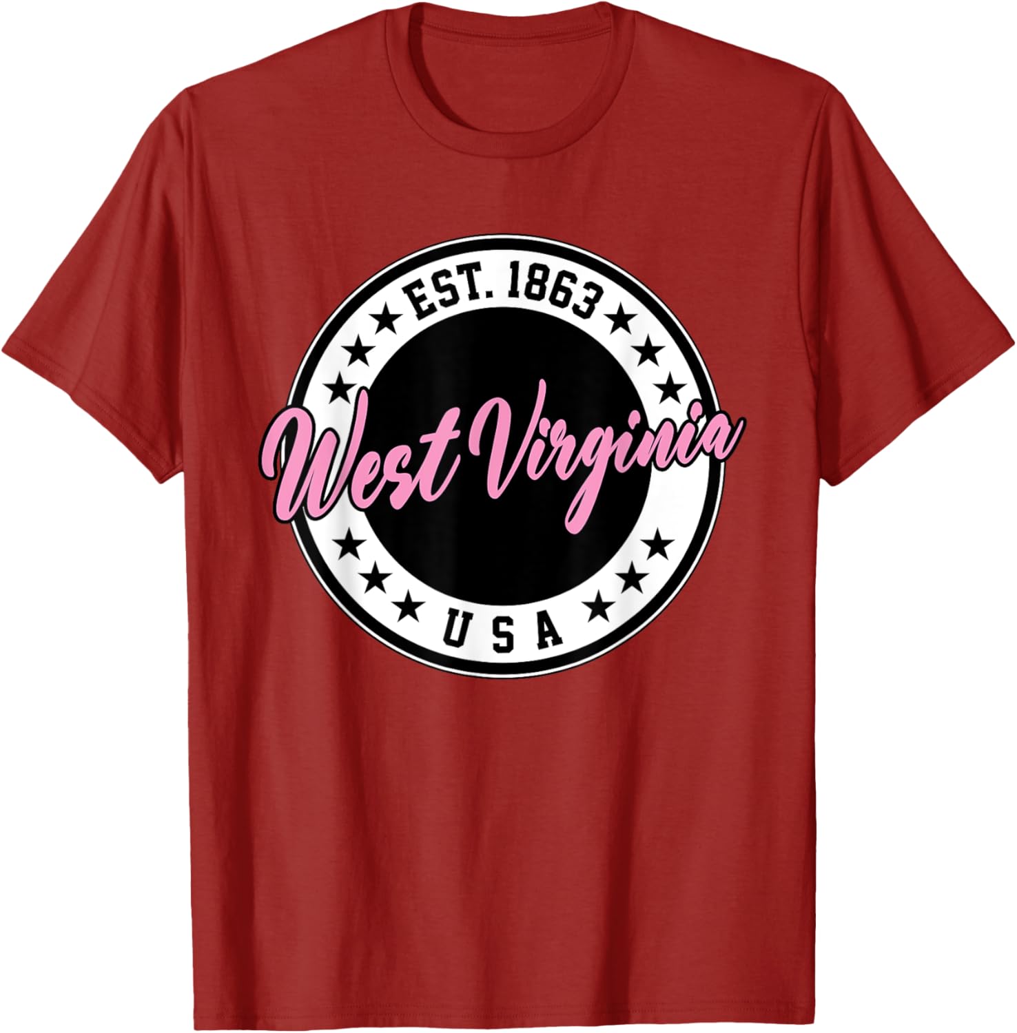 West Virginia Pink Text Script Circle T-Shirt for Women and Men - 28