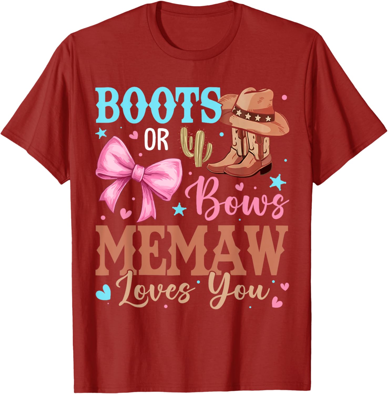 Memaw Loves You Gender Reveal T-Shirt with Boots or Bows Design - 16