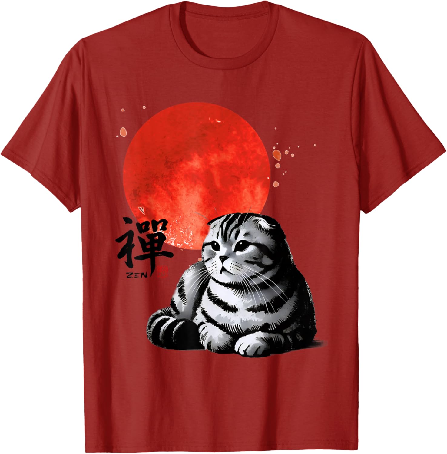 Scottish Fold Cat Sumi-e Art T-Shirt with Japanese Red Sun Design - 6