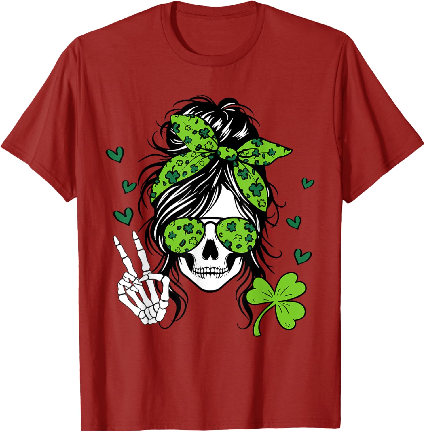Lucky Irish Skull Girl T-Shirt for St. Patrick's Day with Messy Bun Design - 9