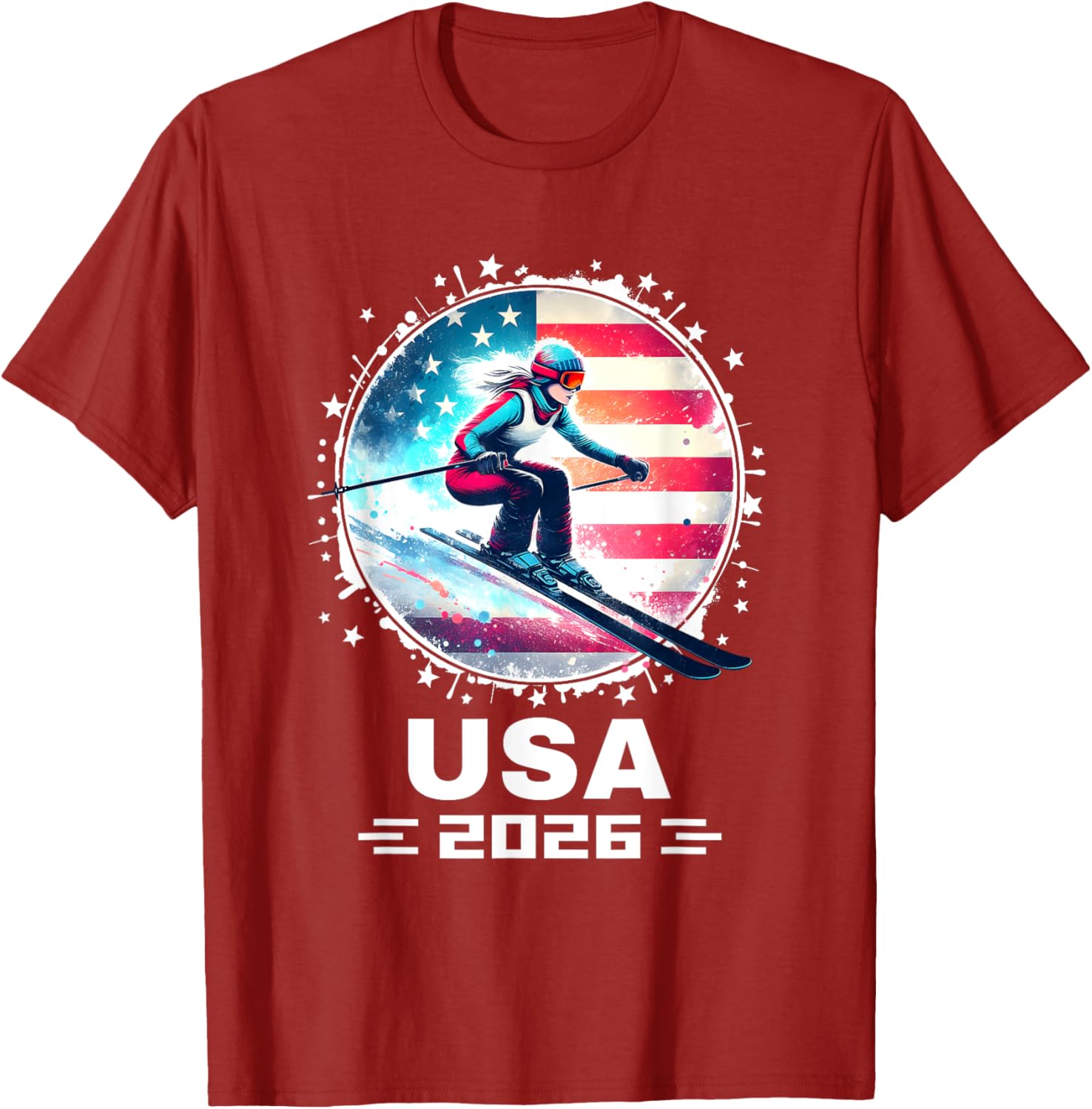 Skier USA Team 2026 Women's American Flag Skiing T-Shirt - 22