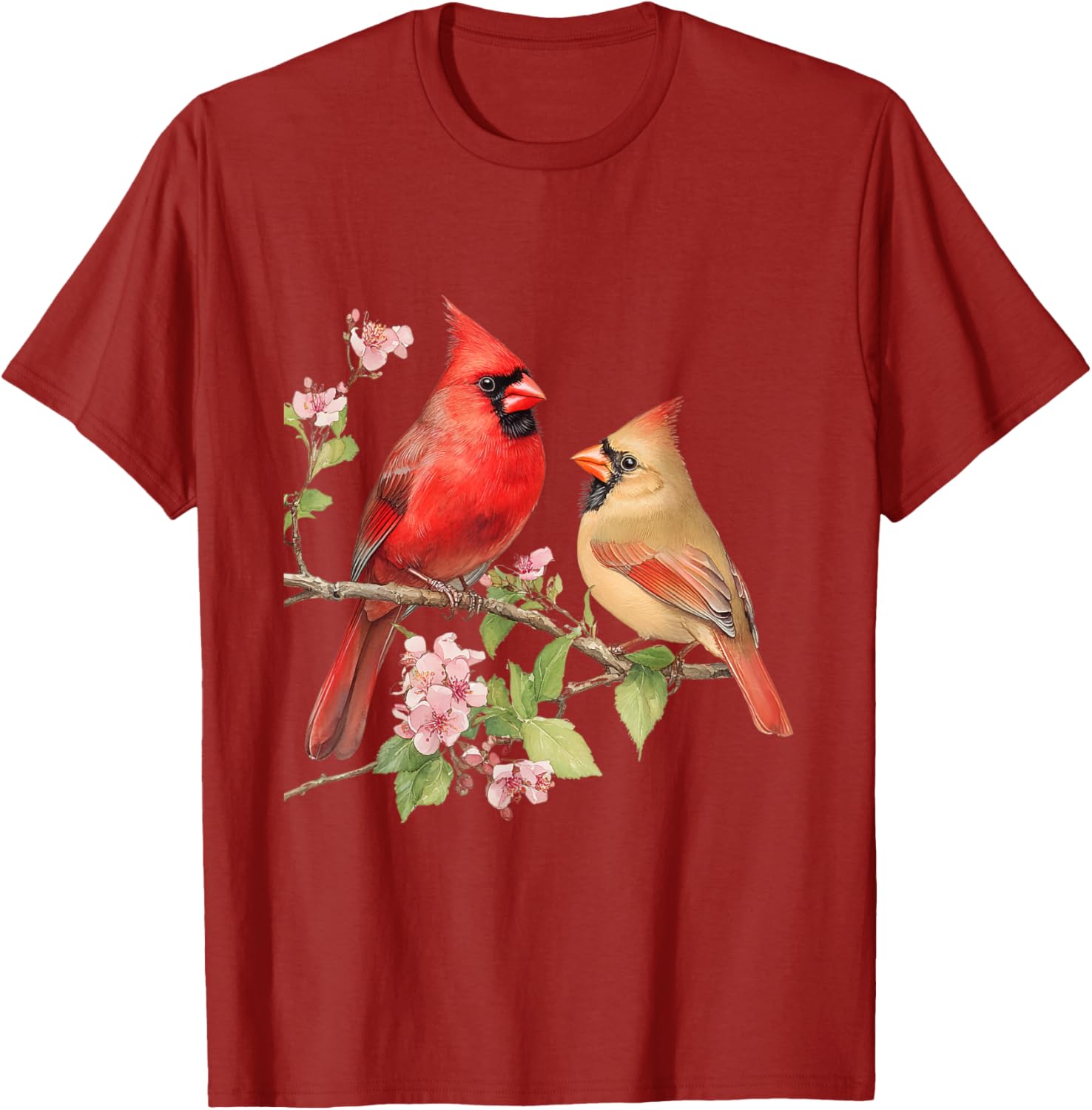 Charming Male and Female Cardinals on Cherry Blossom Branch T-Shirt - 7