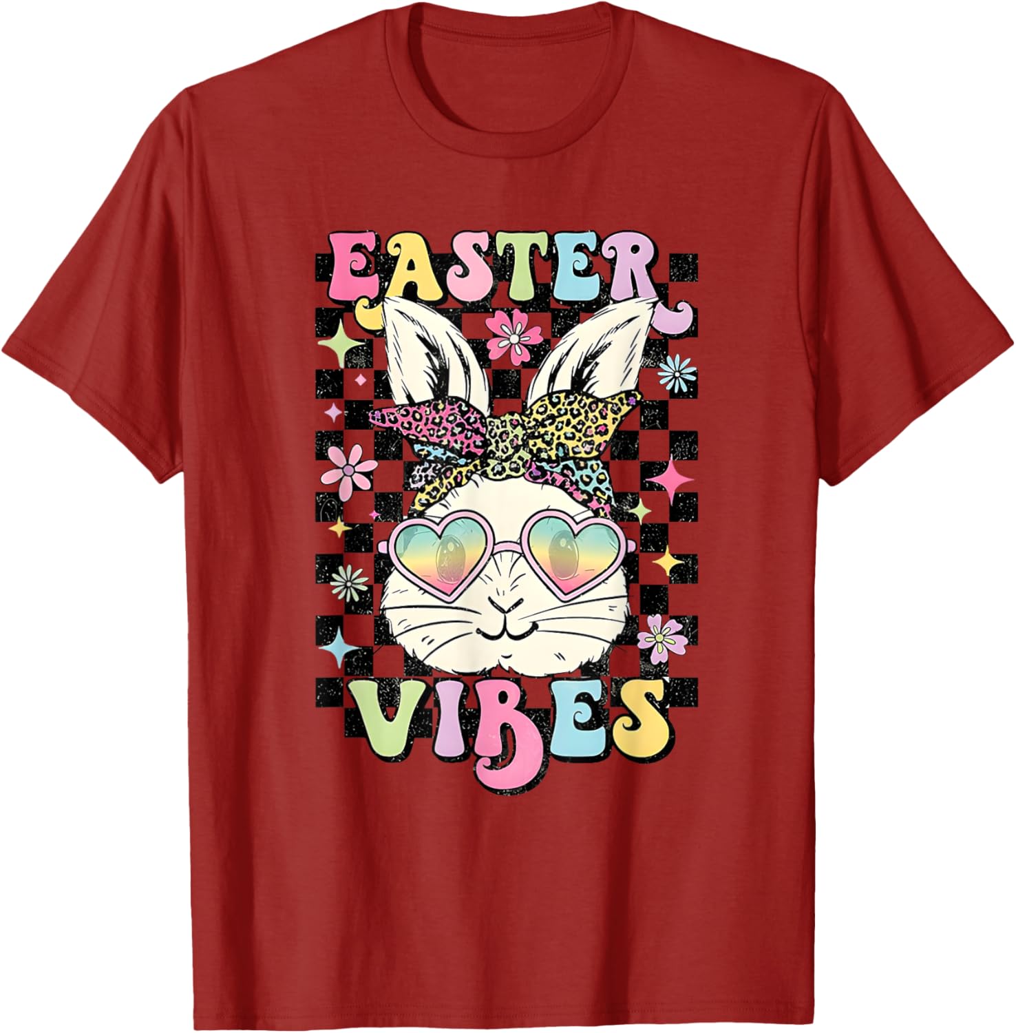 Retro Groovy Easter Vibes Bunny Checkered T-Shirt for Women and Girls - 9