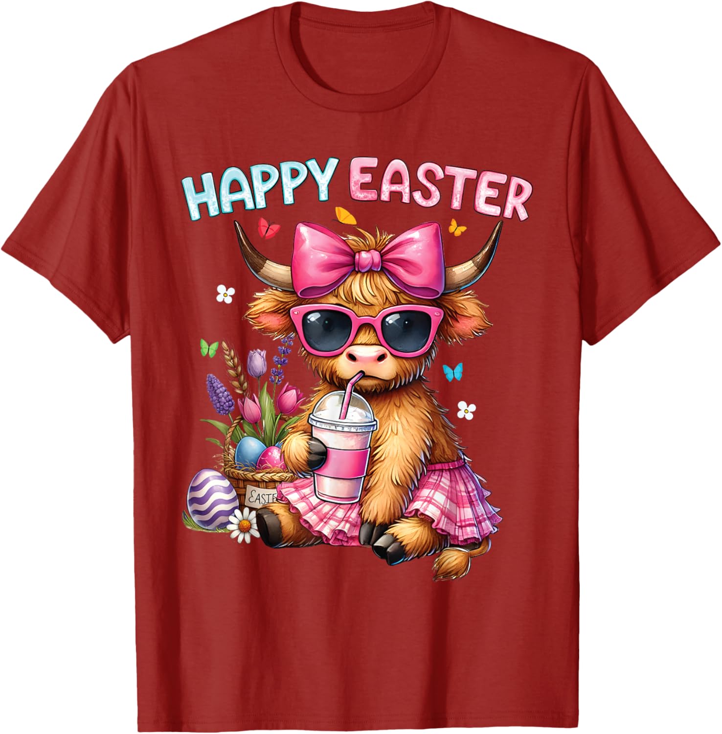 Happy Easter Highland Cow Bunny T-Shirt for Women and Kids - 11