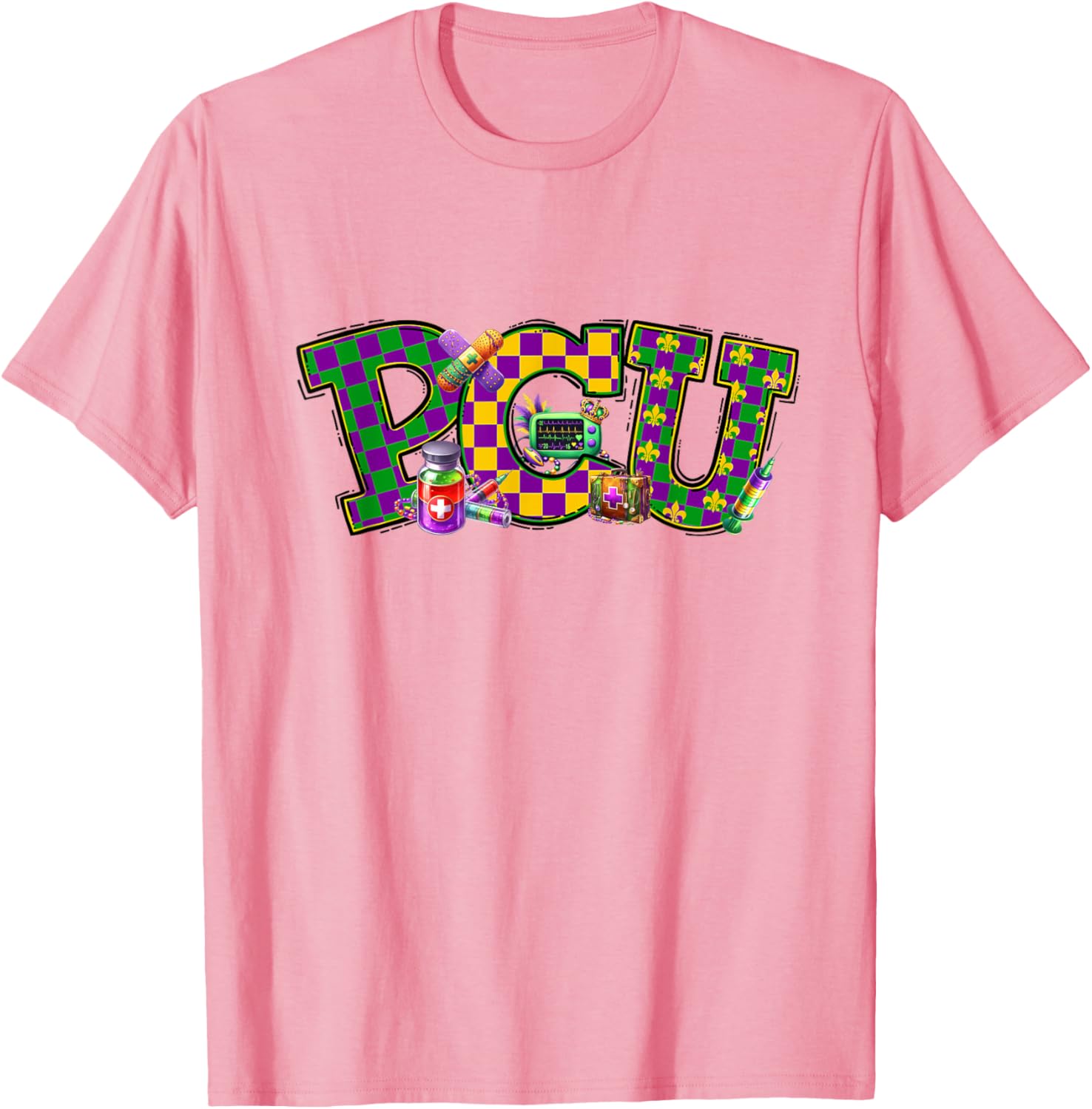 Mardi Gras PCU Nurse T-Shirt for Women - Fun Medical Care Unit Apparel - 27