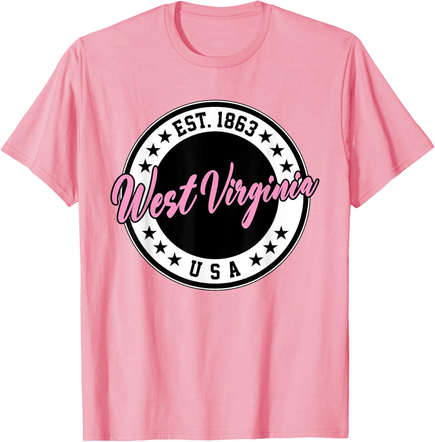 West Virginia Pink Text Script Circle T-Shirt for Women and Men - 19