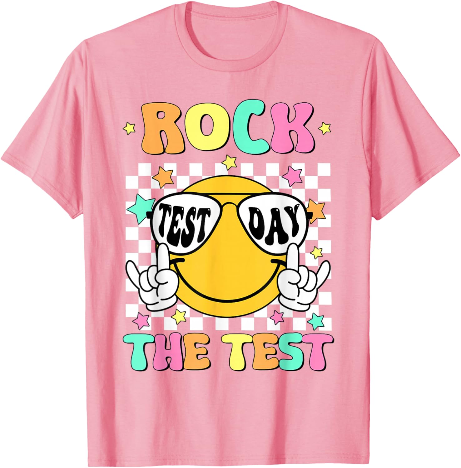 Rock the Test Teacher T-Shirt with Smile Face for Test Day Fun - 1