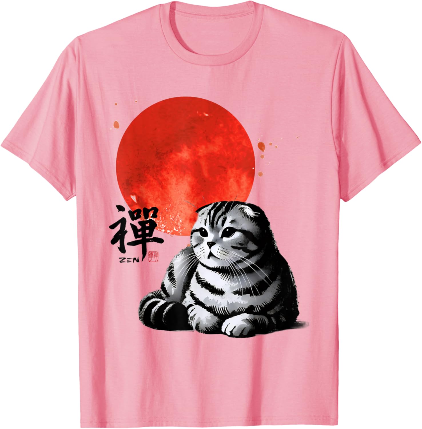 Scottish Fold Cat Sumi-e Art T-Shirt with Japanese Red Sun Design - 4