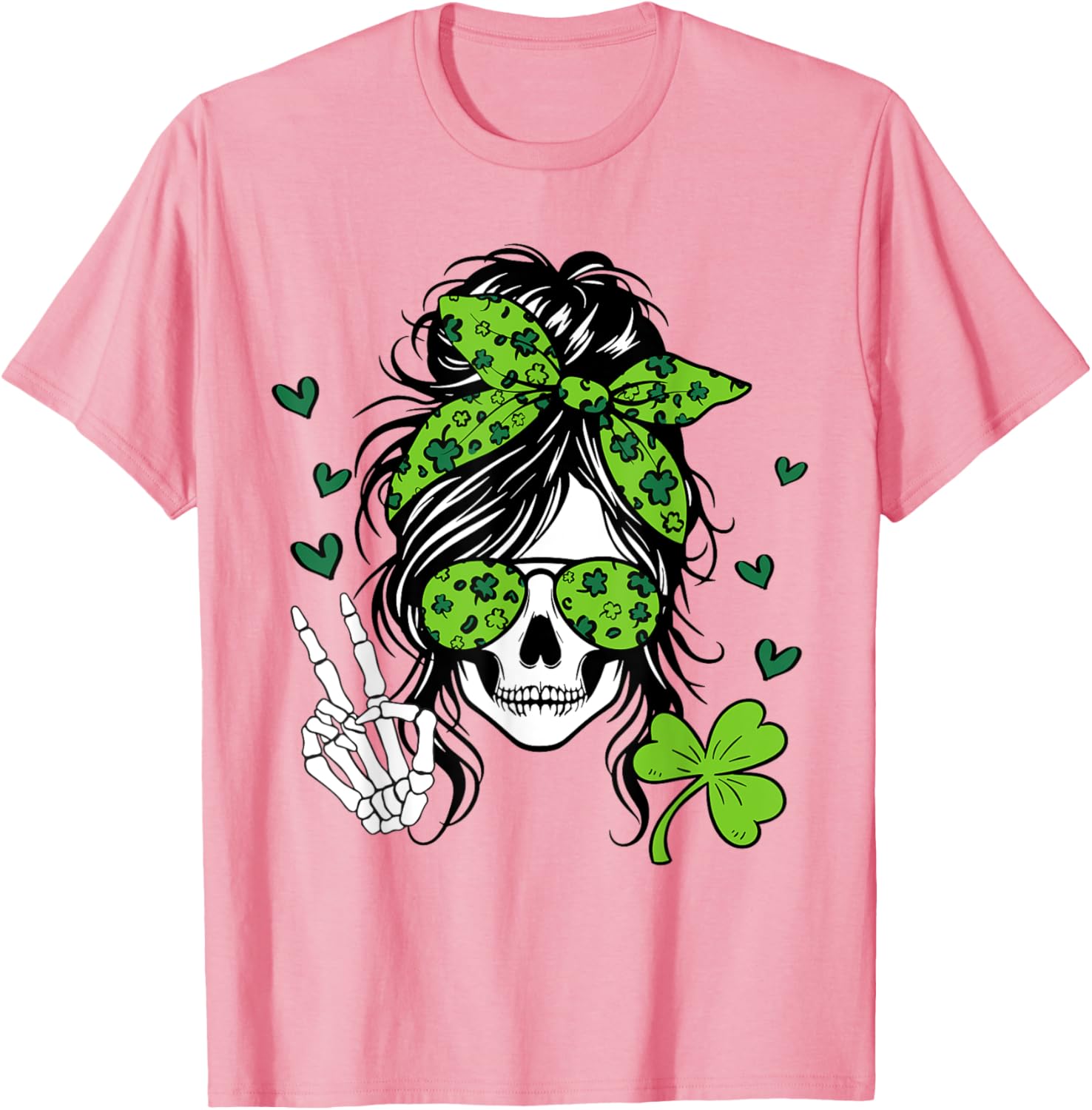 Lucky Irish Skull Girl T-Shirt for St. Patrick's Day with Messy Bun Design - 25