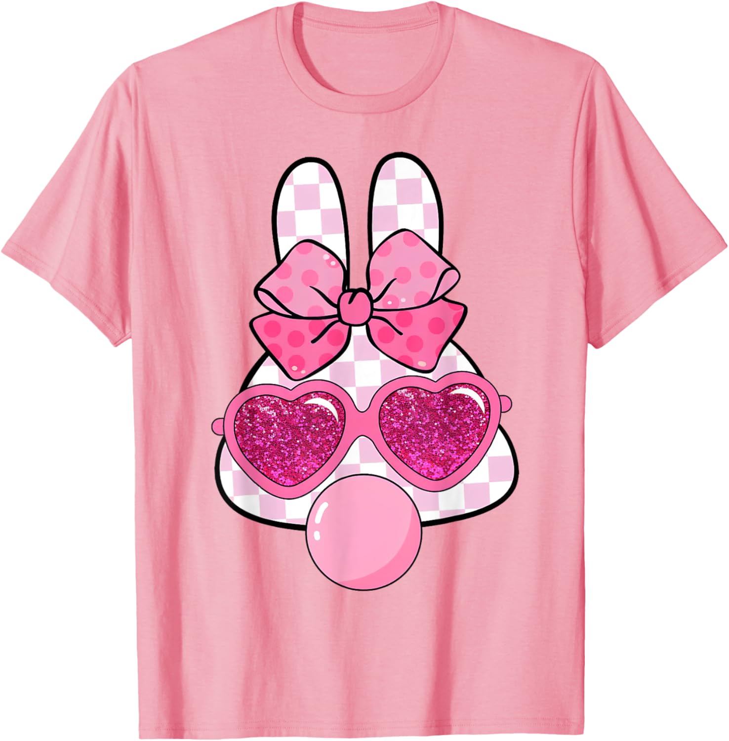 Checkered Bunny with Bubble Gum Coquette Bow Easter T-Shirt for Fun Style - 2