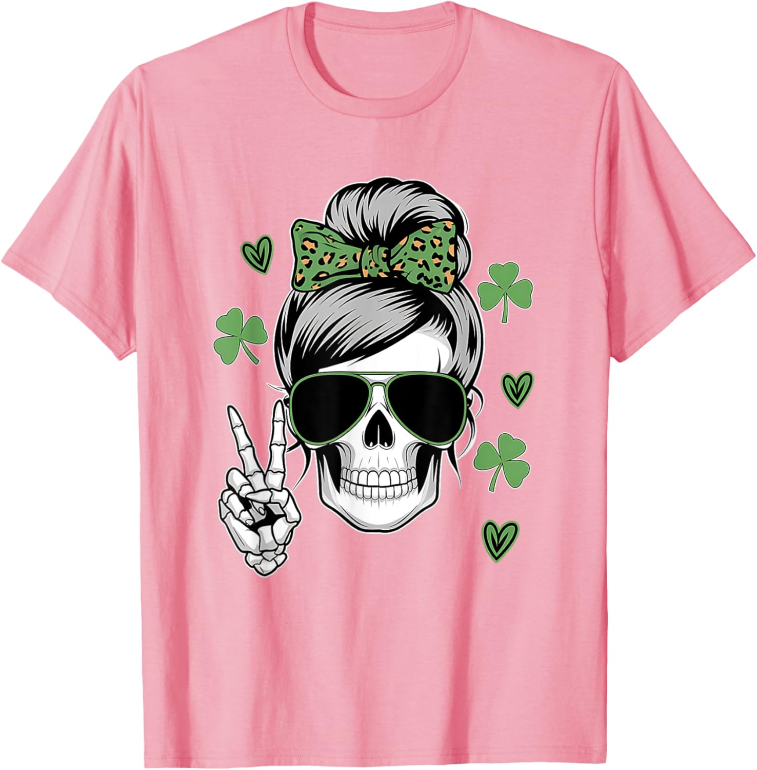 St Patricks Day Skull Messy Bun T-Shirt for Women - Fun and Stylish Wear - 2