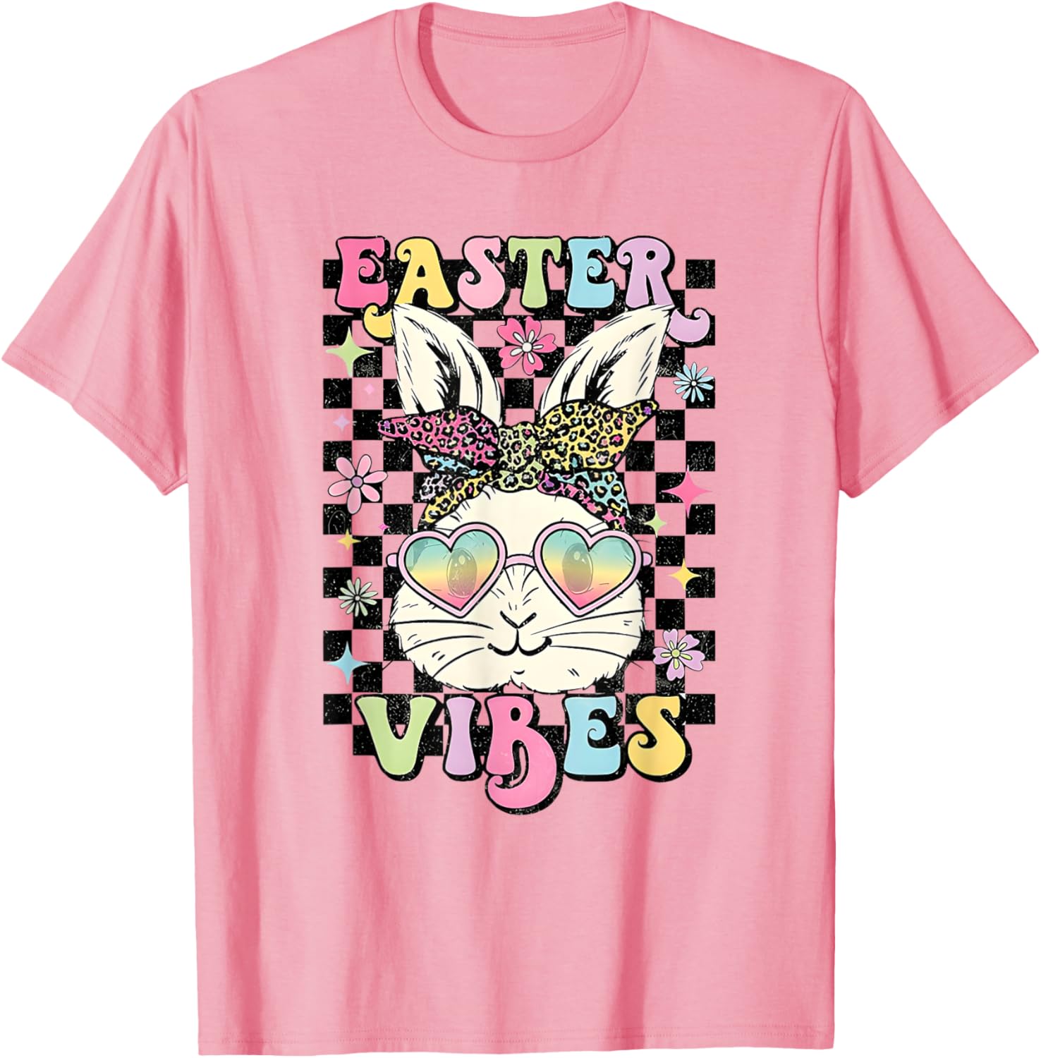 Retro Groovy Easter Vibes Bunny Checkered T-Shirt for Women and Girls - 17