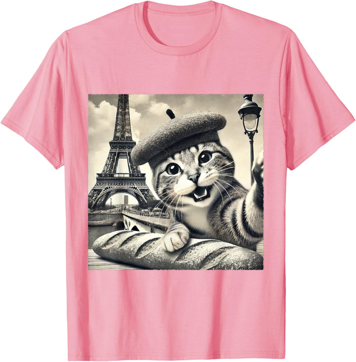 Funny Paris Cat in Beret with Baguette Eiffel Tower T-Shirt for Cat Lovers - 6