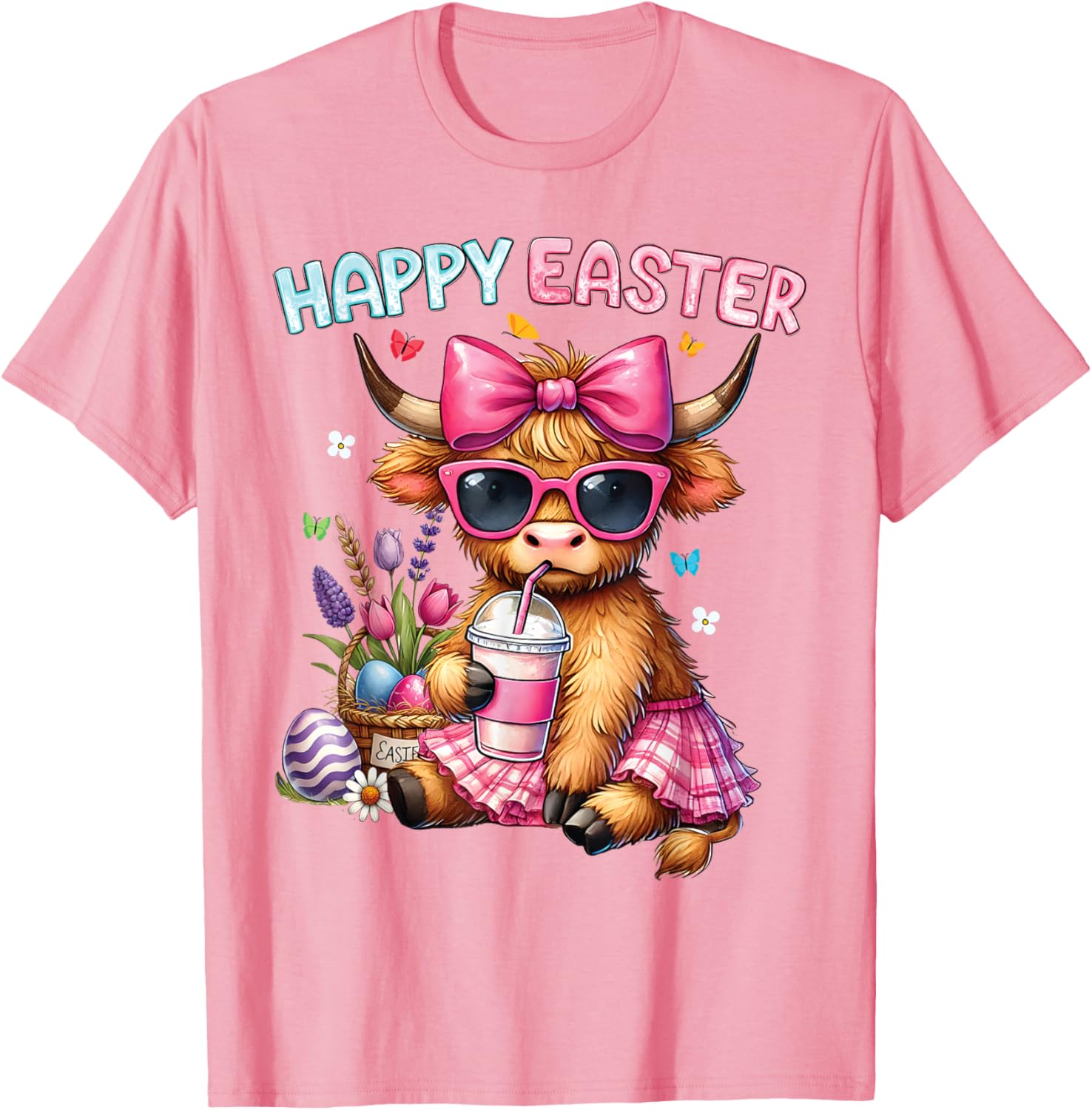 Happy Easter Highland Cow Bunny T-Shirt for Women and Kids - 27