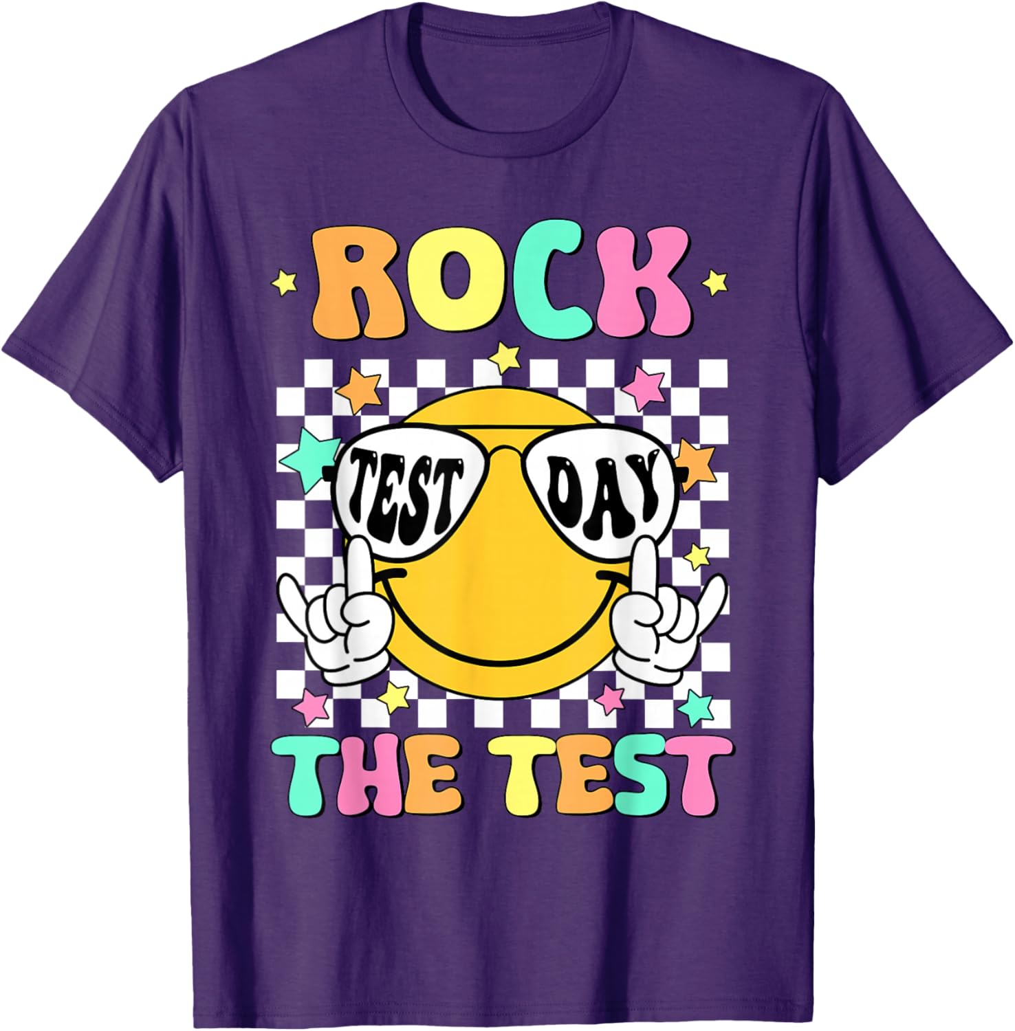Rock the Test Teacher T-Shirt with Smile Face for Test Day Fun - 28