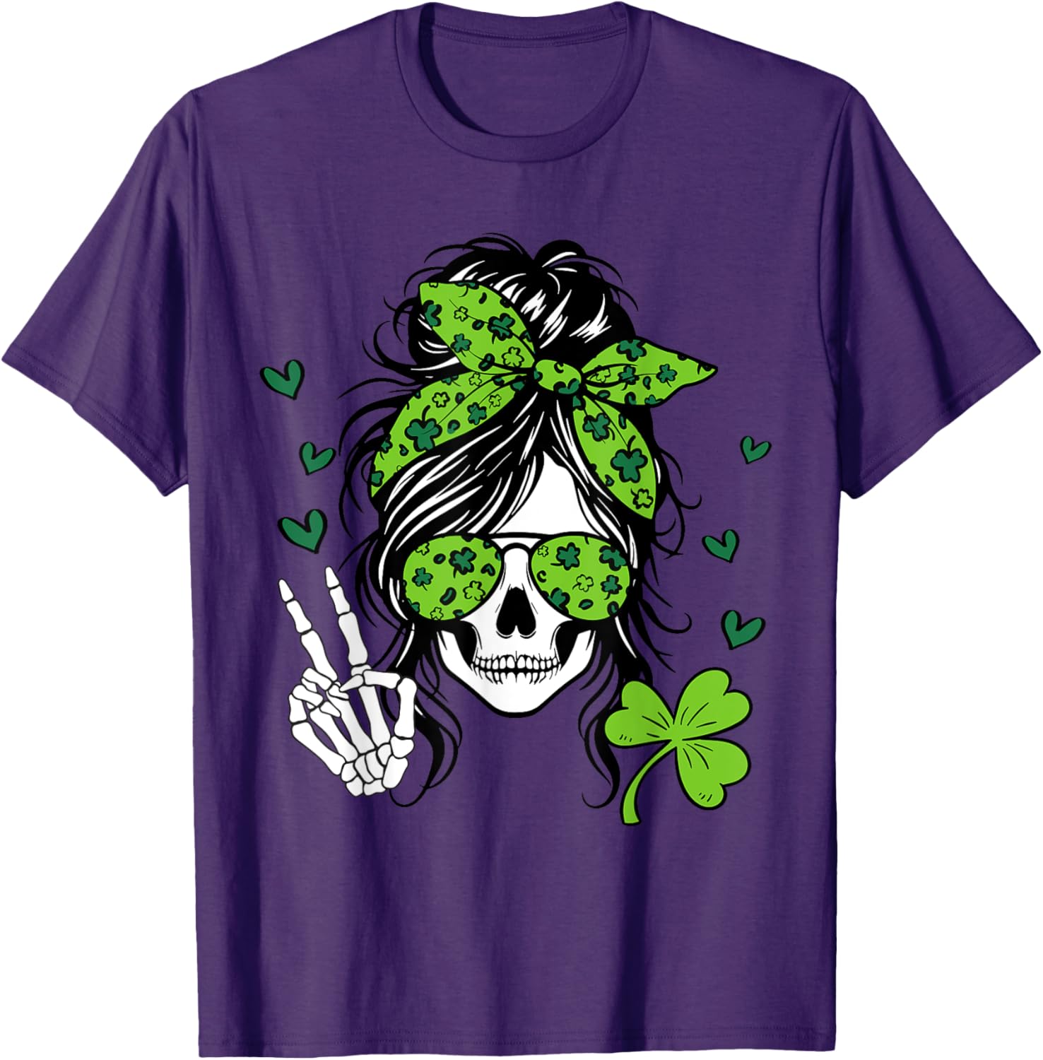 Lucky Irish Skull Girl T-Shirt for St. Patrick's Day with Messy Bun Design - 14