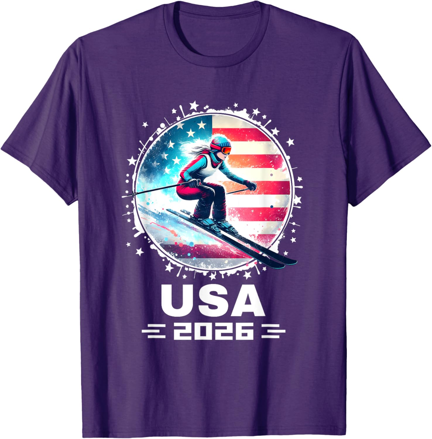 Skier USA Team 2026 Women's American Flag Skiing T-Shirt - 5