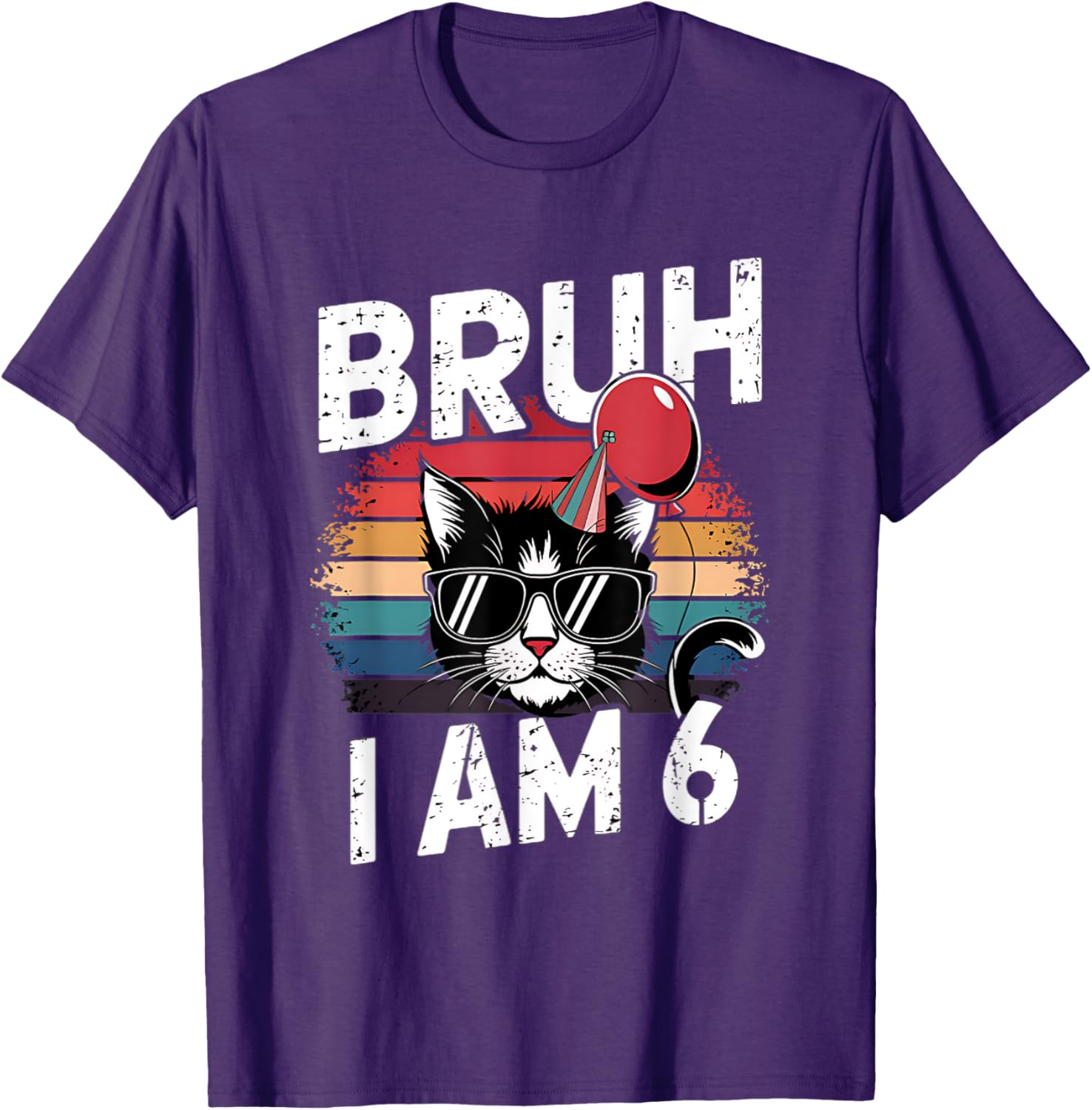 Retro Sunset Cat T-Shirt for Kids 6th Birthday Party Celebration - 22