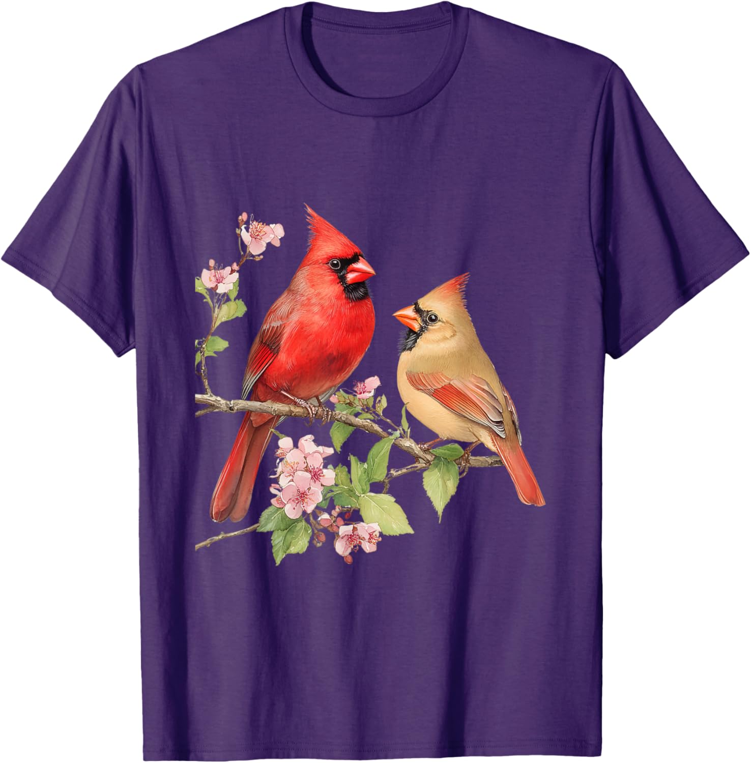 Charming Male and Female Cardinals on Cherry Blossom Branch T-Shirt - 5