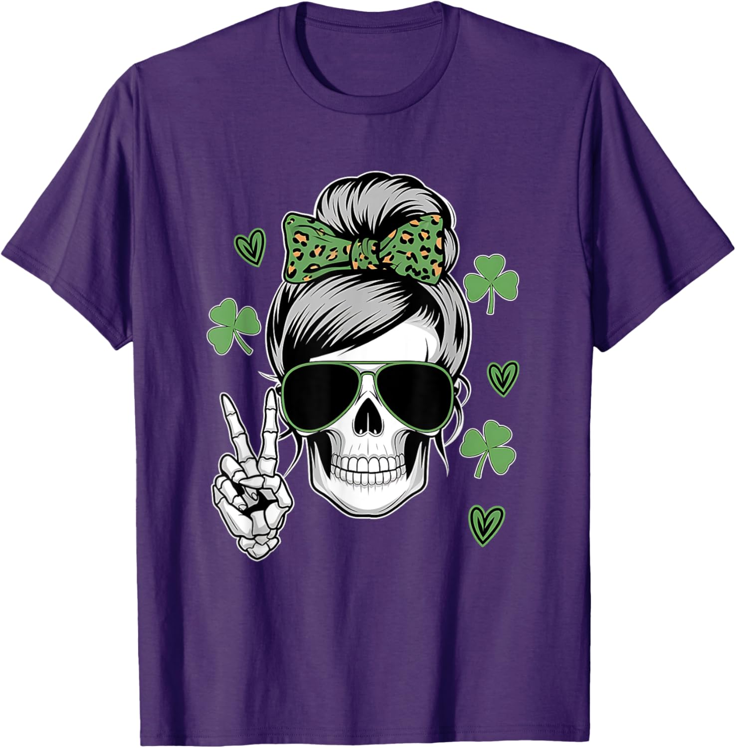 St Patricks Day Skull Messy Bun T-Shirt for Women - Fun and Stylish Wear - 12