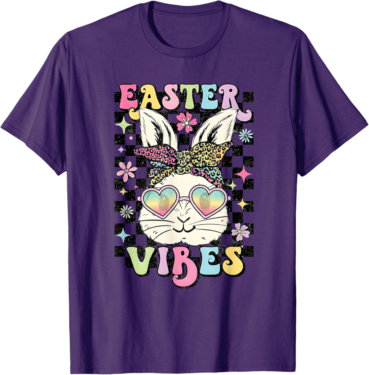 Retro Groovy Easter Vibes Bunny Checkered T-Shirt for Women and Girls - 4