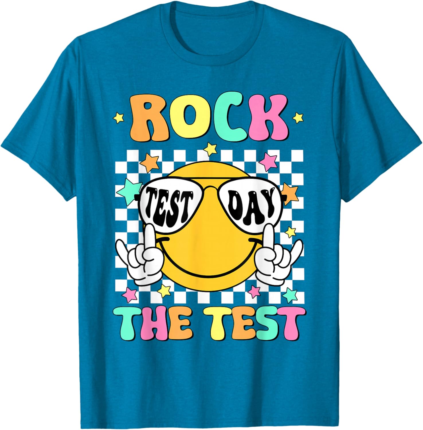 Rock the Test Teacher T-Shirt with Smile Face for Test Day Fun - 21