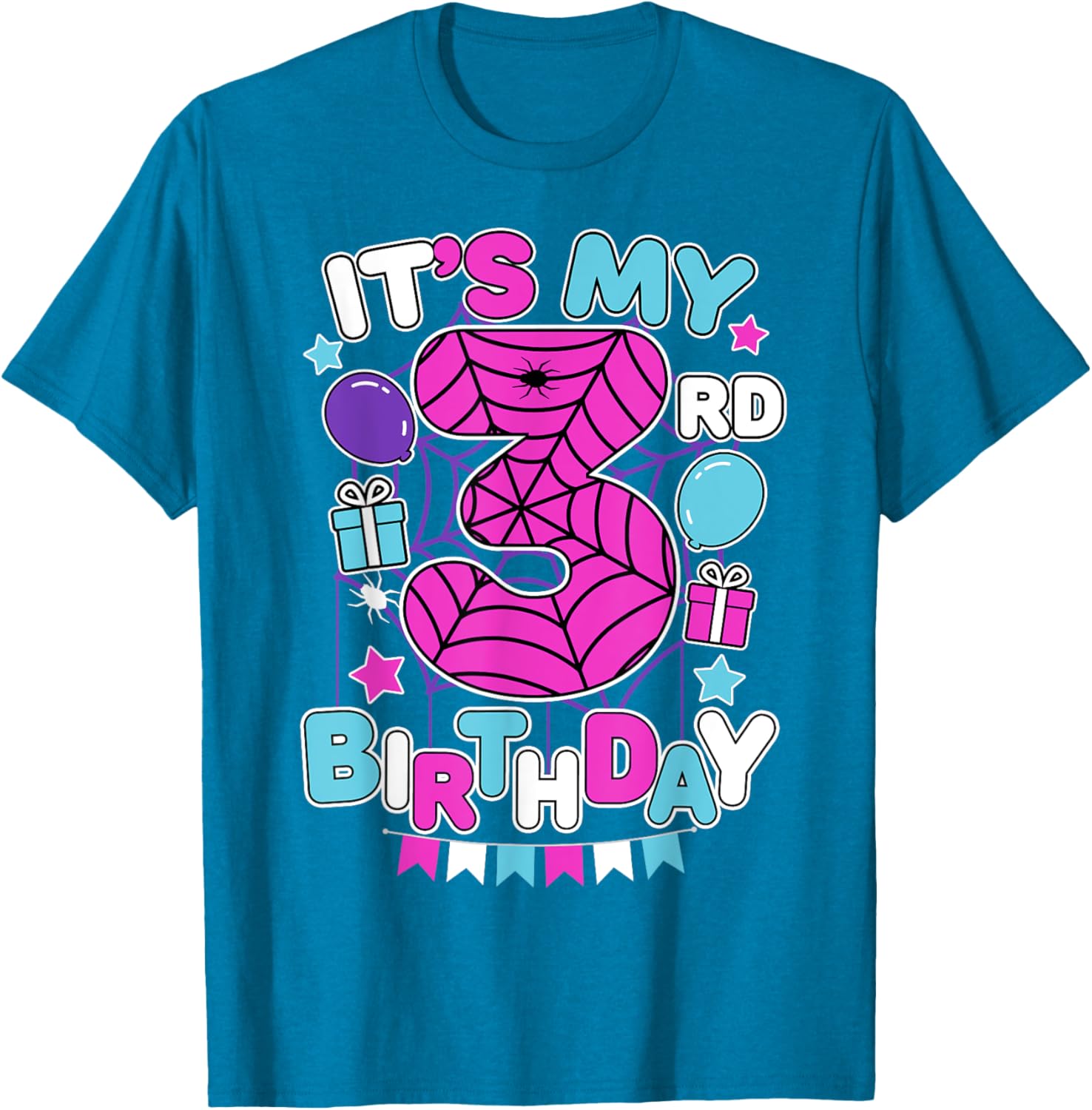 Cute 3rd Birthday Spider Web Theme T-Shirt for Girls Age Three - 3