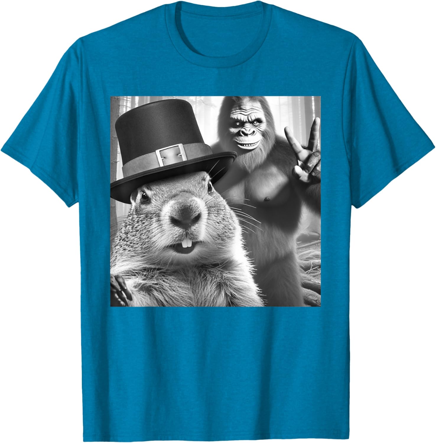 Funny Groundhog Day T-Shirt with Groundhog Taking Selfie with Bigfoot - 10