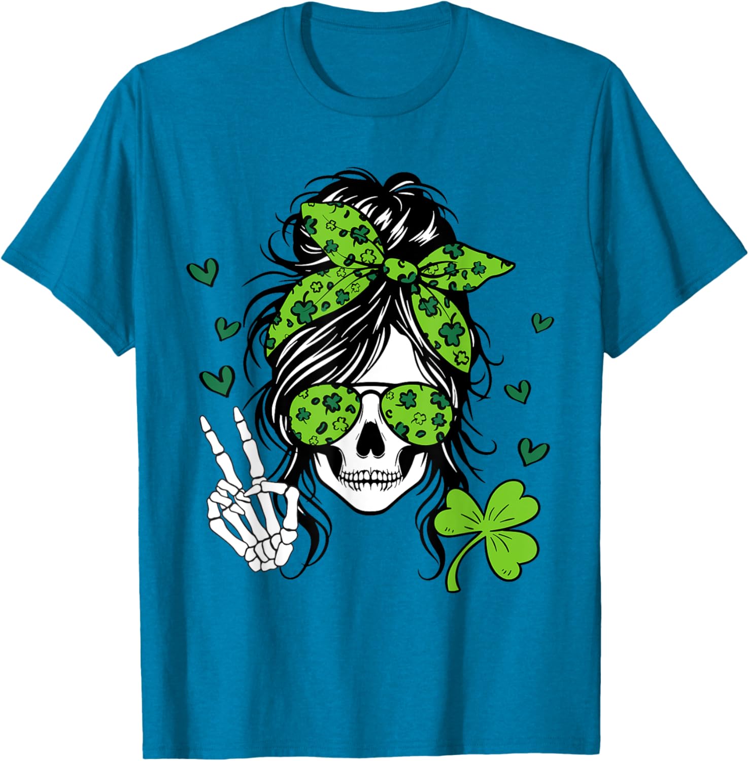 Lucky Irish Skull Girl T-Shirt for St. Patrick's Day with Messy Bun Design - 19
