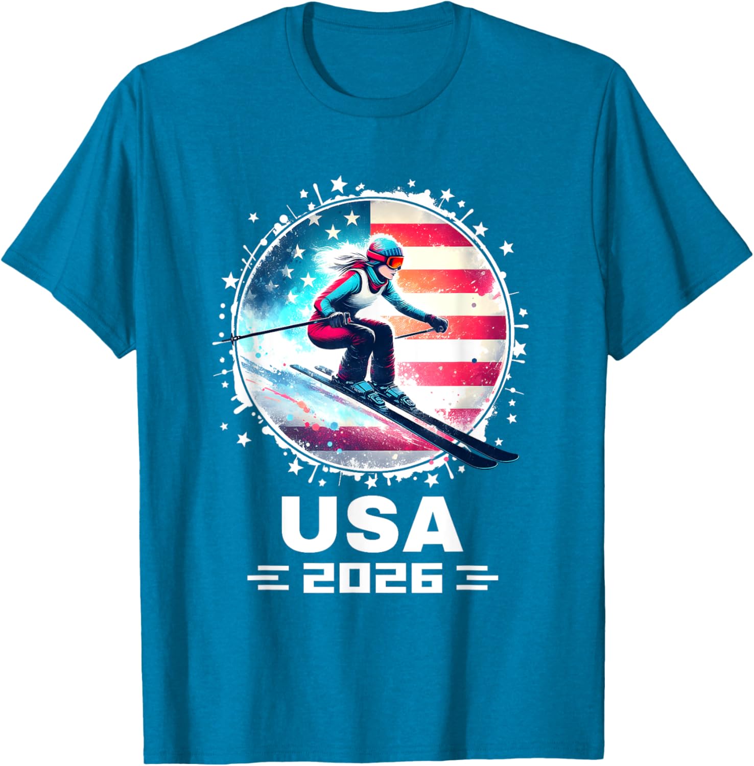 Skier USA Team 2026 Women's American Flag Skiing T-Shirt - 2
