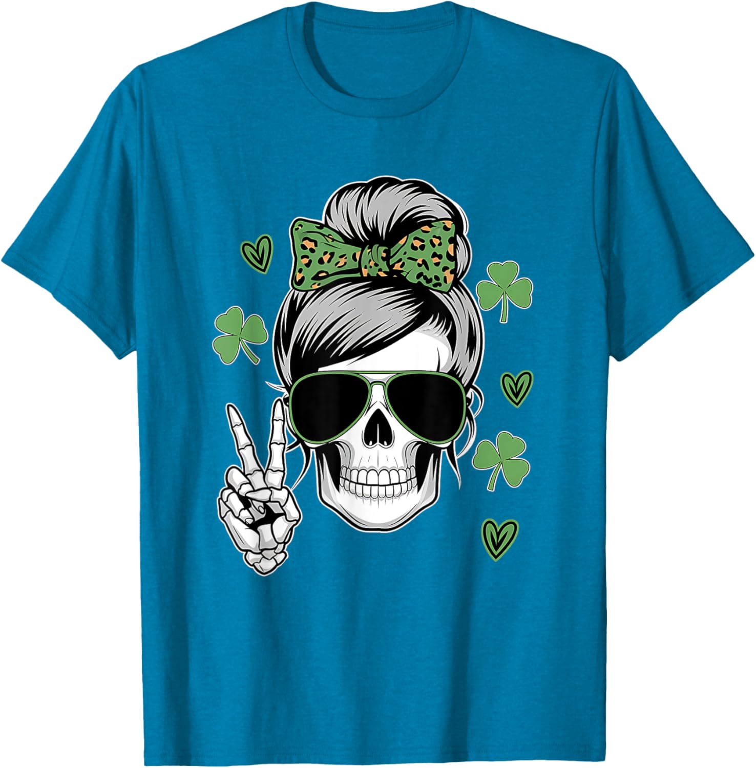 St Patricks Day Skull Messy Bun T-Shirt for Women - Fun and Stylish Wear - 24