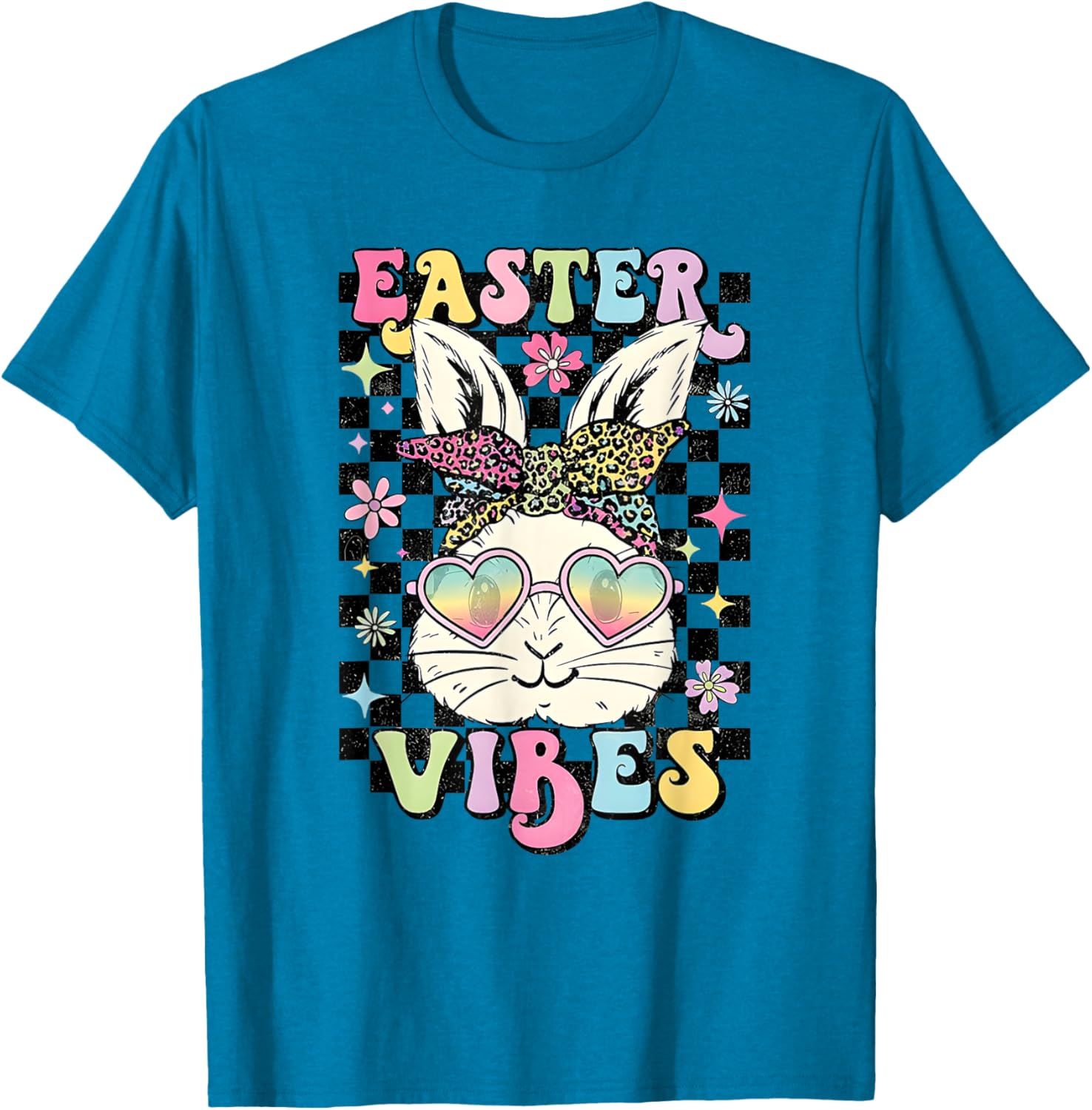 Retro Groovy Easter Vibes Bunny Checkered T-Shirt for Women and Girls - 13
