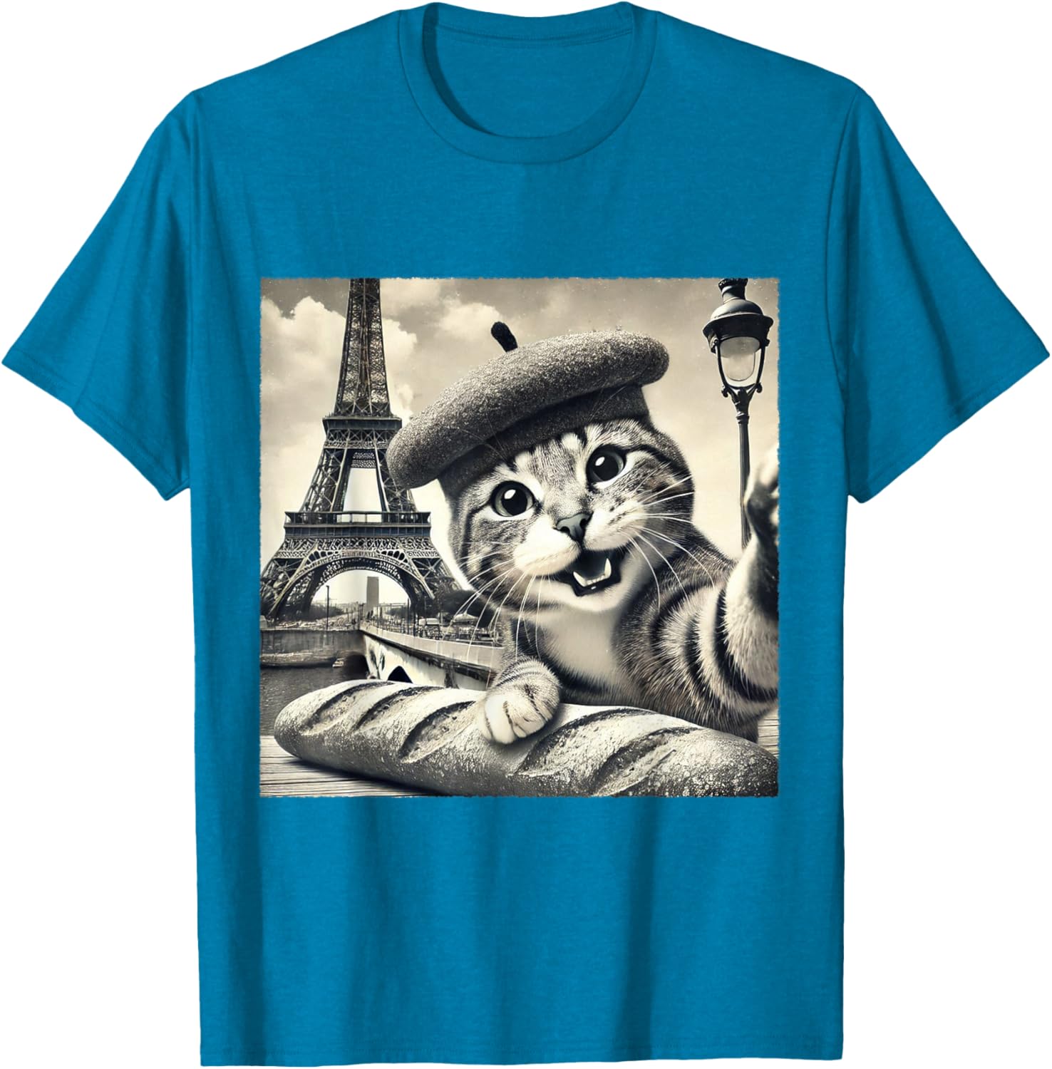 Funny Paris Cat in Beret with Baguette Eiffel Tower T-Shirt for Cat Lovers - 1