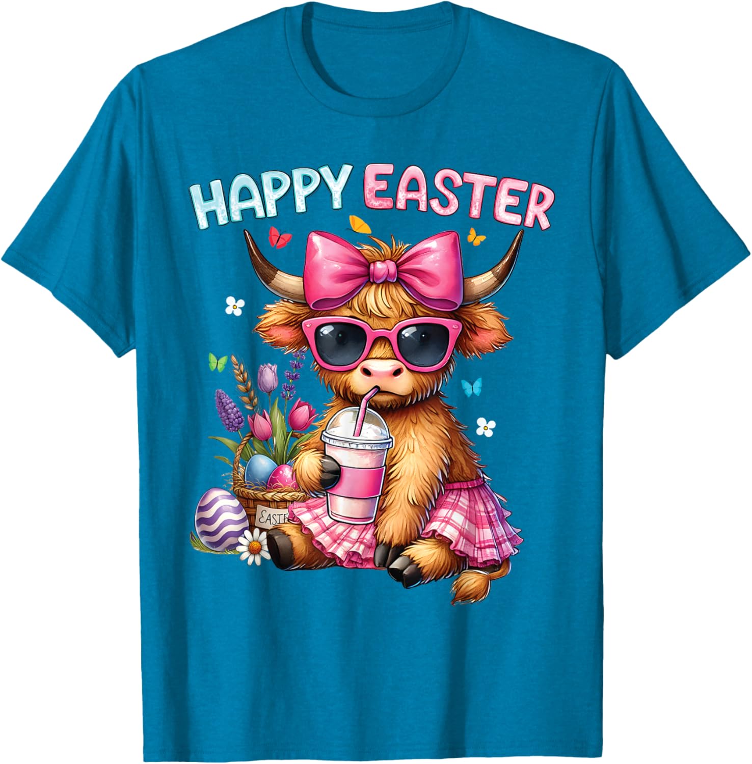 Happy Easter Highland Cow Bunny T-Shirt for Women and Kids - 7