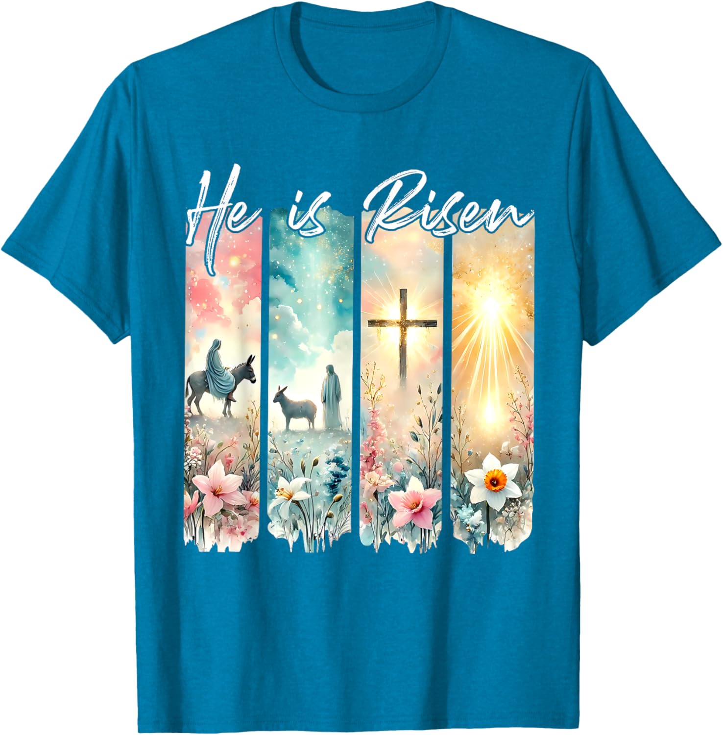 He Is Risen Floral Easter T-Shirt with Jesus Cross Design for Christians - 1