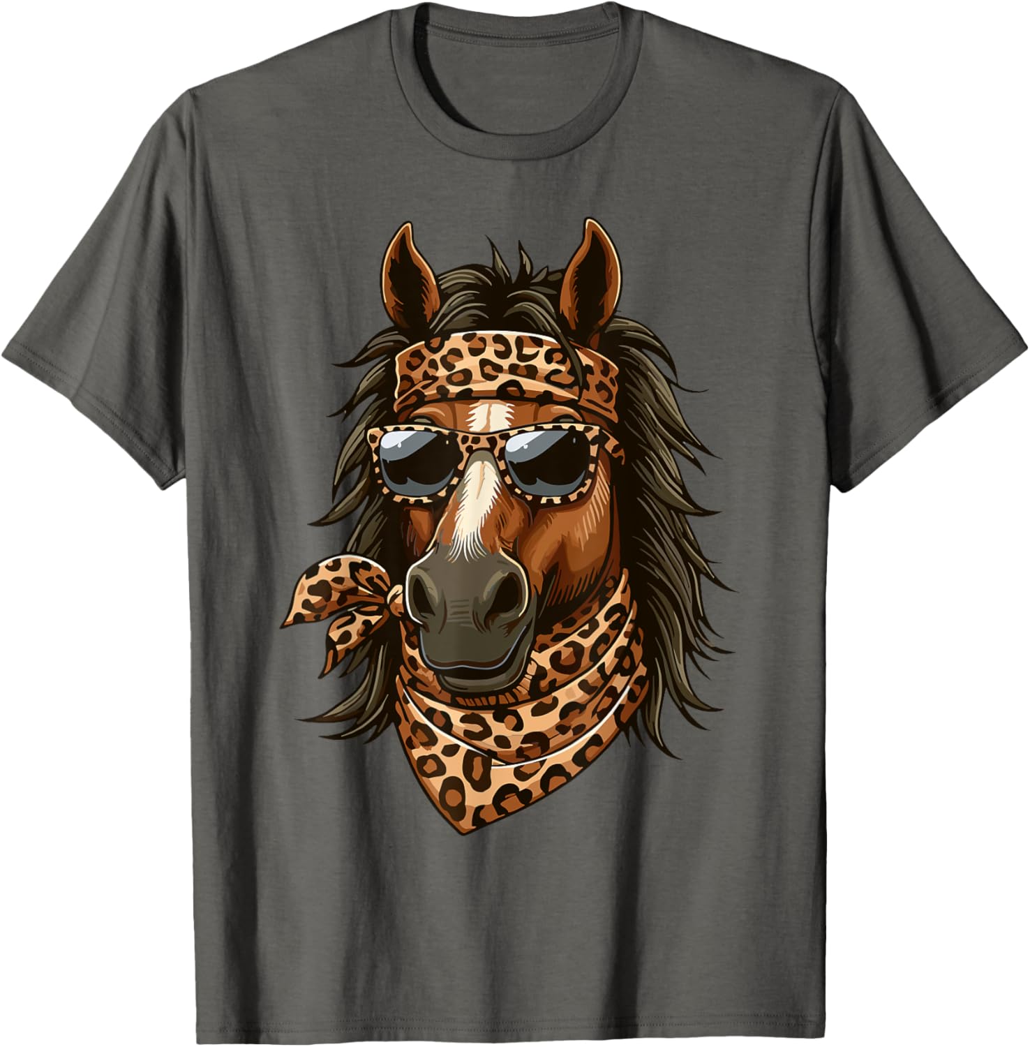 Stylish Horse in Leopard Scarf and Sunglasses T-Shirt for Animal Lovers - 1