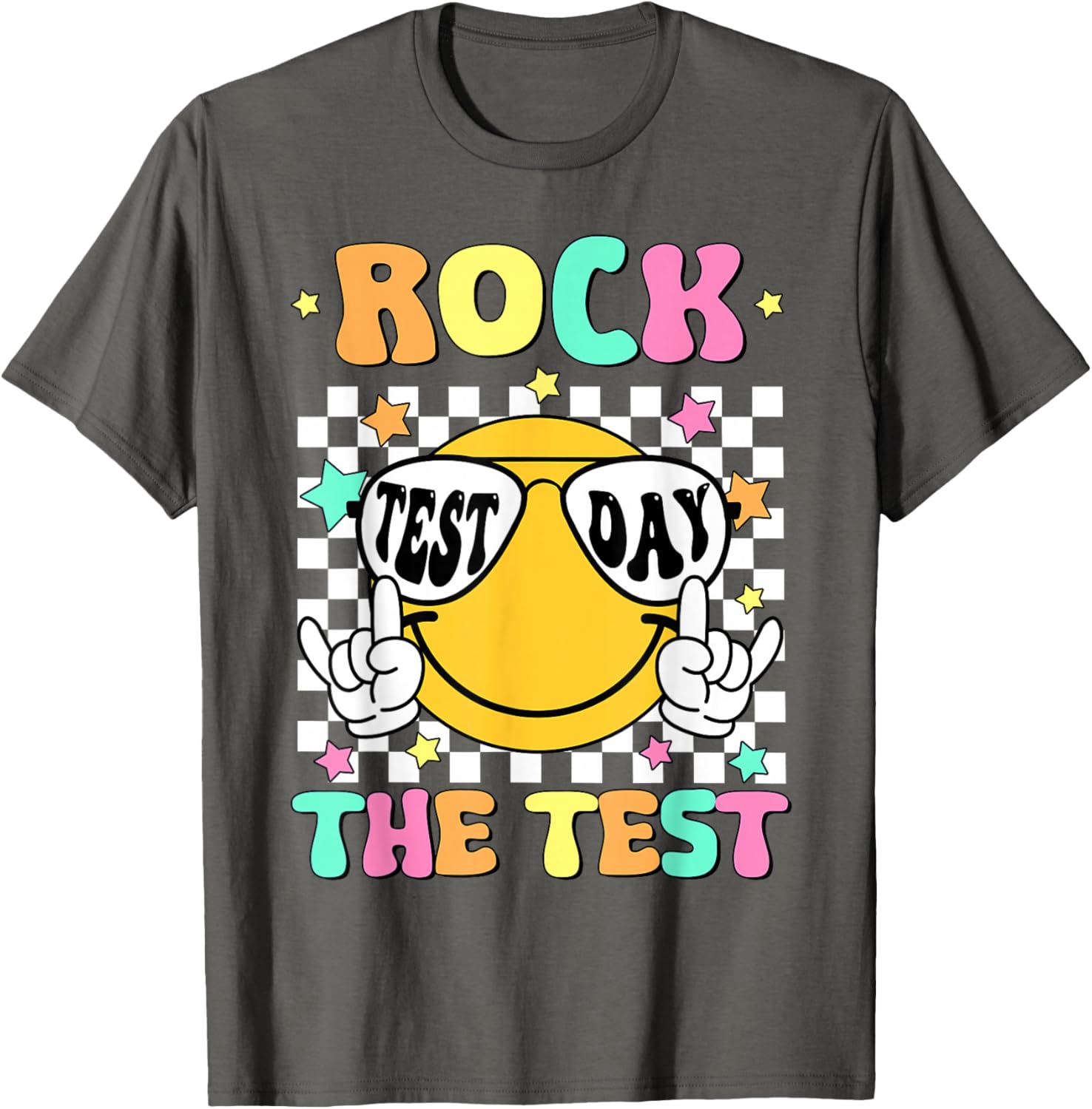 Rock the Test Teacher T-Shirt with Smile Face for Test Day Fun - 19