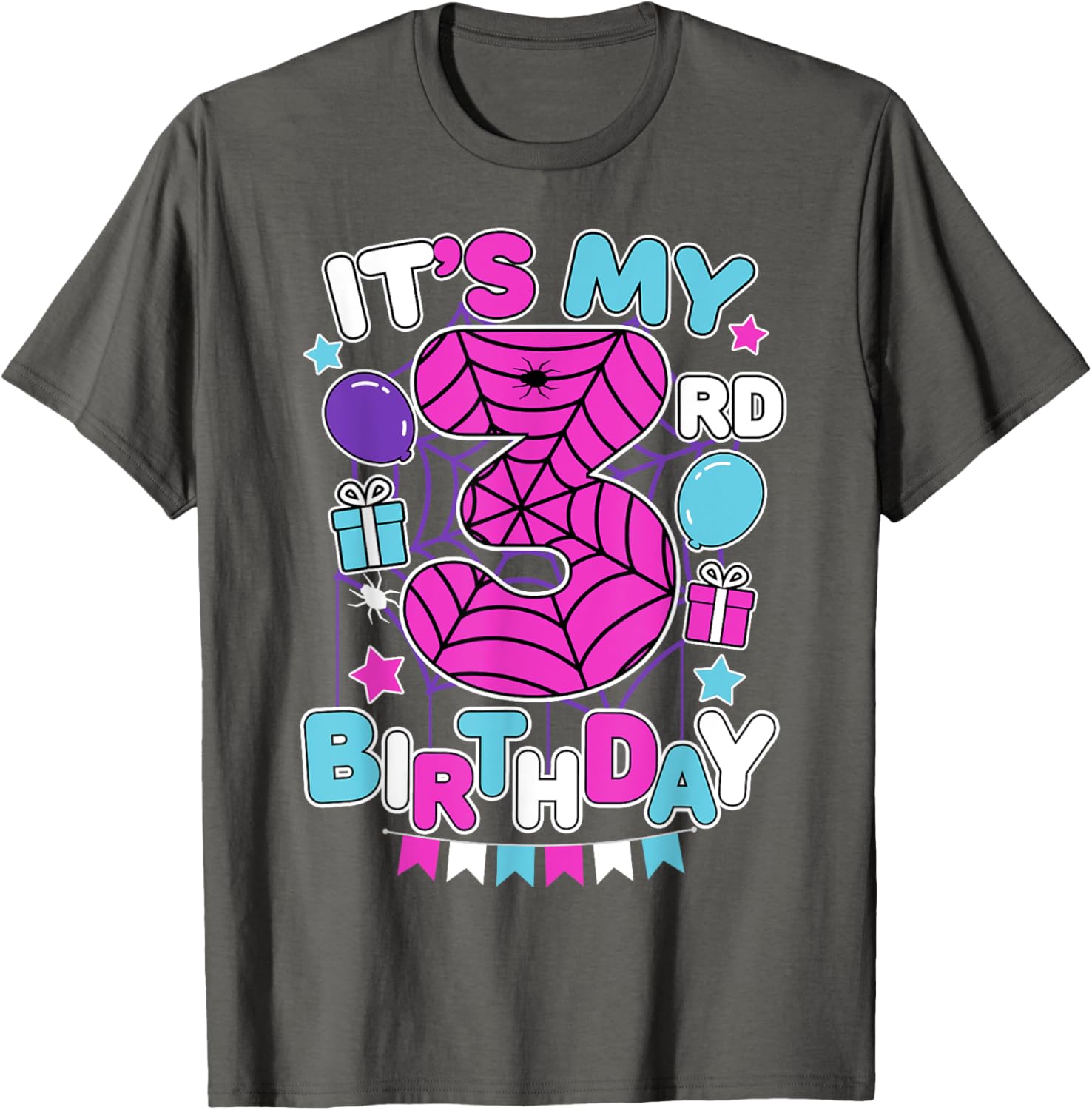 Cute 3rd Birthday Spider Web Theme T-Shirt for Girls Age Three - 13